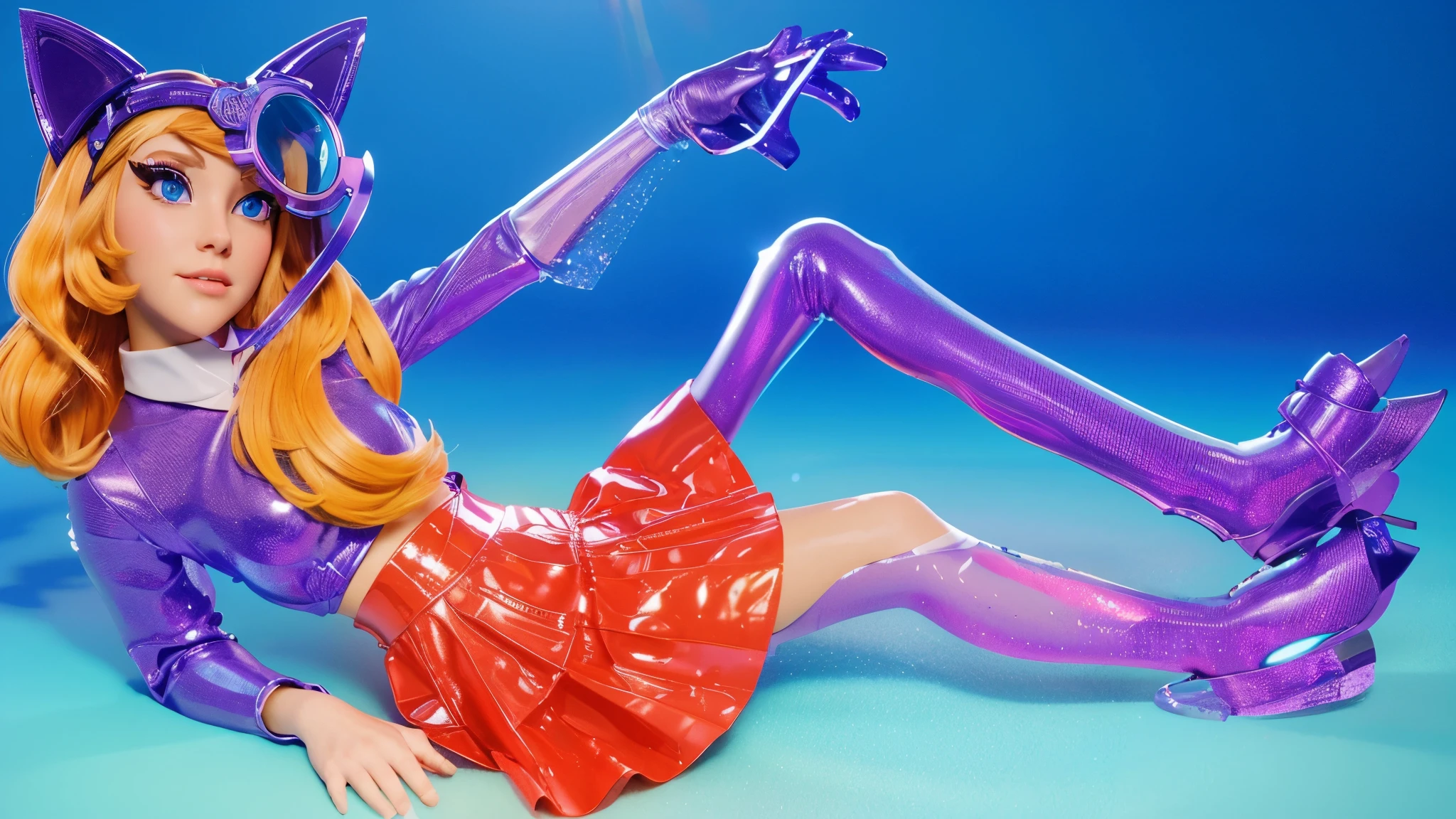 A cartoon character with blonde hair and blue eyes, dressed in a purple top and red skirt, is laying on her back on a blue surface. She has purple cat ears and tail, and is wearing purple gloves and goggles.toy girl, toy doll. glossy texture, smooth 3d model, multiple light sources, rim light, sharp post effects render, (glossy plastic texture with multiple big light probe refractions), perfect cgi, smooth silhouette, high intensity refraction, (super glossy material), most beautiful vfx, blue background, plastic refractions, realistic, 4k, high resolution, rim light, photo shoot, commercial photo, profile shot, 4k, rim light, high resolution, 4k, glossy texture, smooth 3d model, multiple light sources, rim light, sharp post effects render, (glossy water texture with multiple big light probe refractions), perfect cgi, cgi art created only with gradients, smooth silhouette, high intensity refraction, (super glossy water material), most beautiful vfx, blue background, water refractions, multiple light sources, rim light, sharp post effects render, perfect cgi, digital art, detailed digital art, reflective, best quality, 4k, masterpiece:1.2, ultra-detailed, realistic, vivid colors, dark and moody lighting, The image of the highest quality, ensuring every detail showcased perfectly. It in 4k resolution, allowing viewers to immerse themselves in the richness of the colors and intricate details. The realistic rendering. under the spotlight, reflecting, high-resolution image, realistic rendering, dark background, and rim light photorealistic