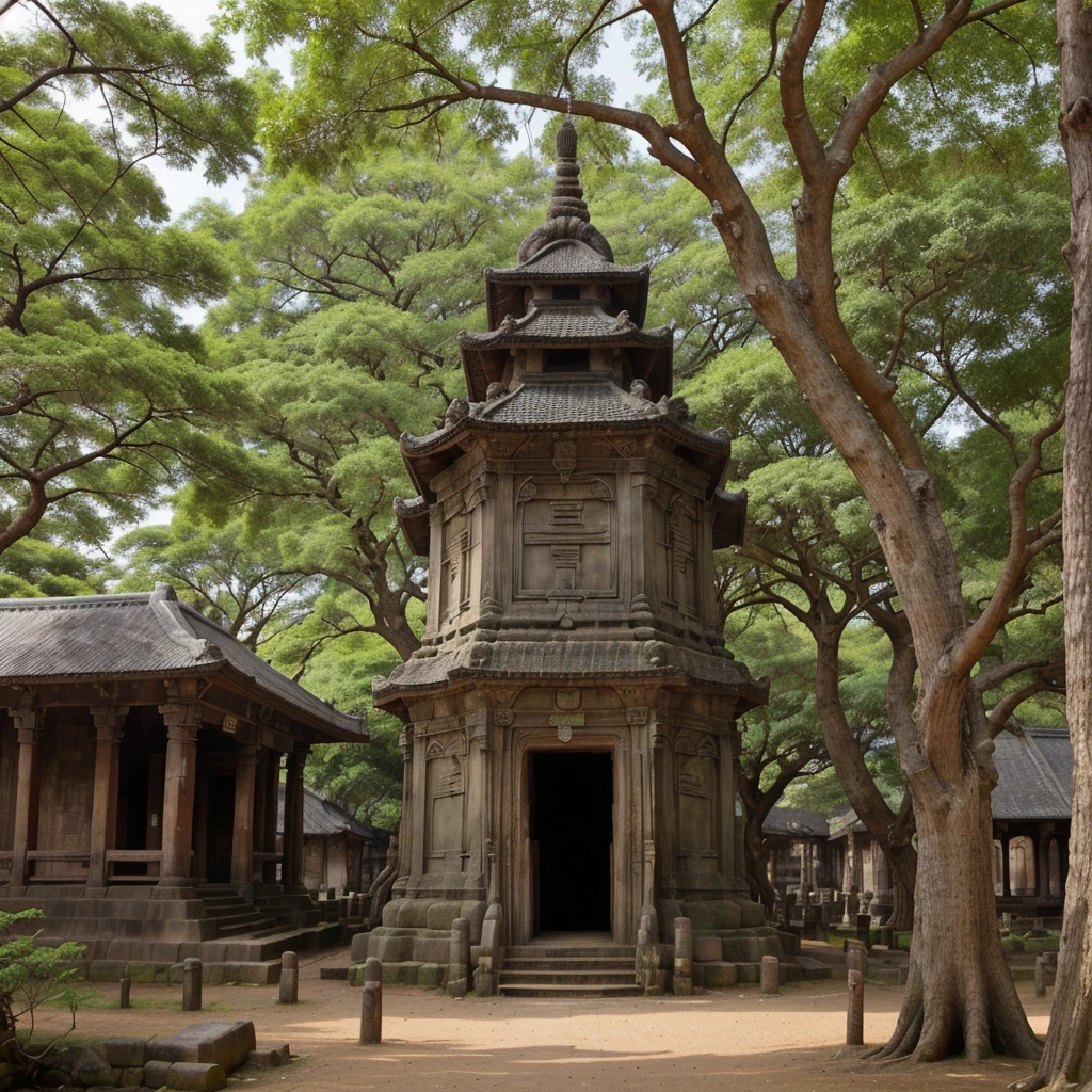 Hiden city old mysterious temples with large trees and Indian mithalogy