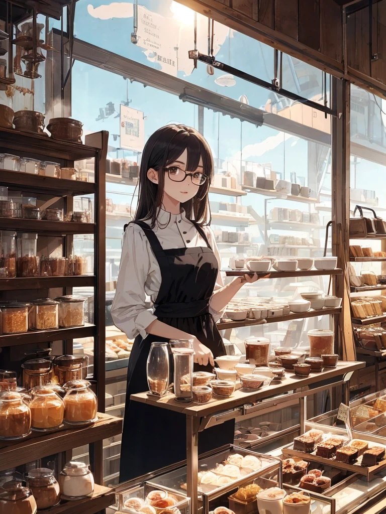 (best quarity,ultra detailed,ultra-high-resolution, absolutely resolution,8k, masterpiece),very-cute-and-beautiful-anime-girl,highly-detailed-face-and-eyes,20 years old,1girl,dark brown eyes, stylish glasses, extremely-detailed-eyes, (open air shop in the sky:1.5) ,white apron, black dress, standing behind the counter, steam rising from the coffee, white shelves filled with freshly roasted beans, coffee cups neatly arranged,BLT sandwiches,scones, sun lighting, vivid and flesh atmosphere, in the sky, blue-sky,