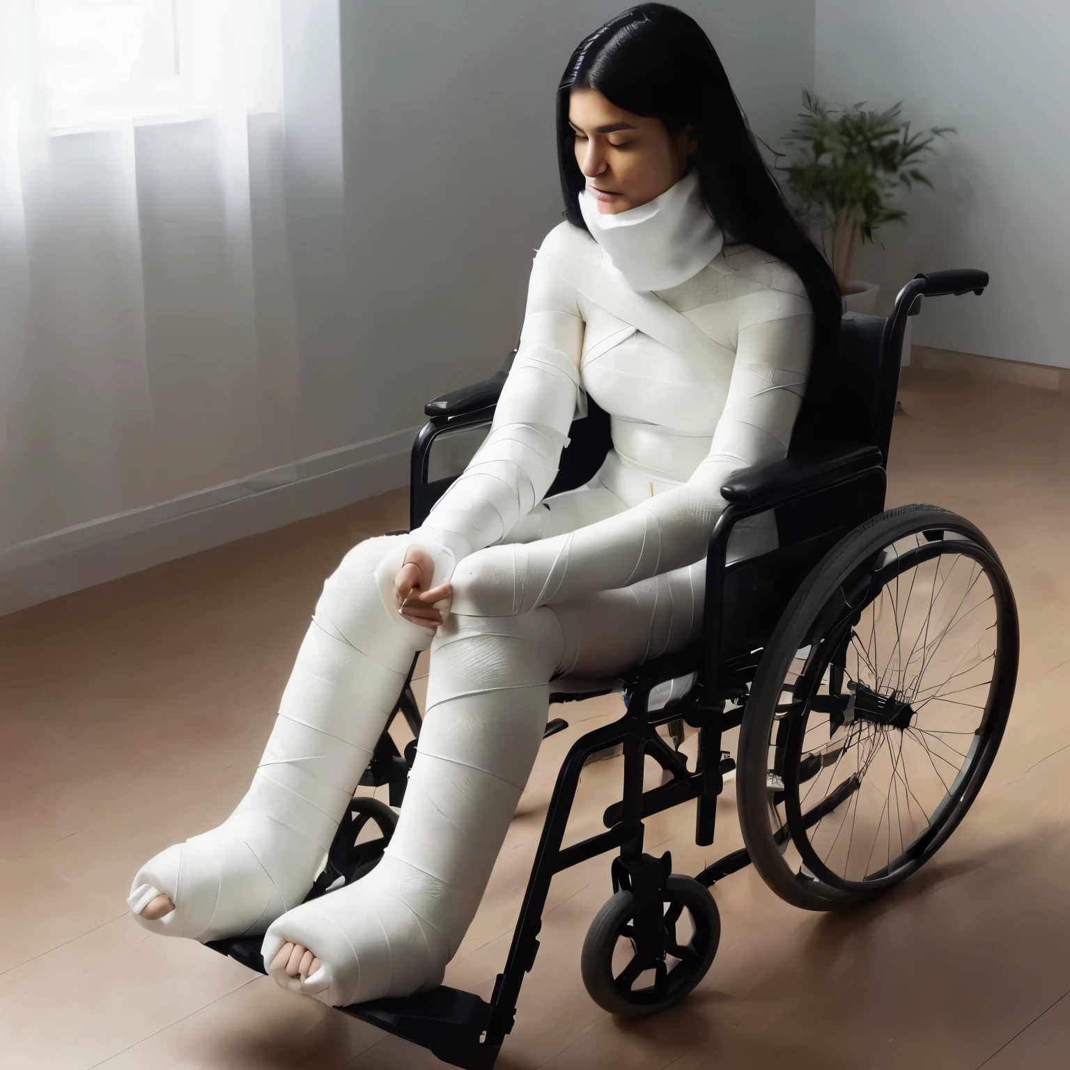 arafed woman in a wheelchair with a cast on her leg, sitting in a wheelchair, injured, covered in bandages, with wires and bandages, bandage, prostheses, artificial limbs, prosthetics, mummified in bandages, broken wheelchair, bandage on arms, soft collar, neckbrace
