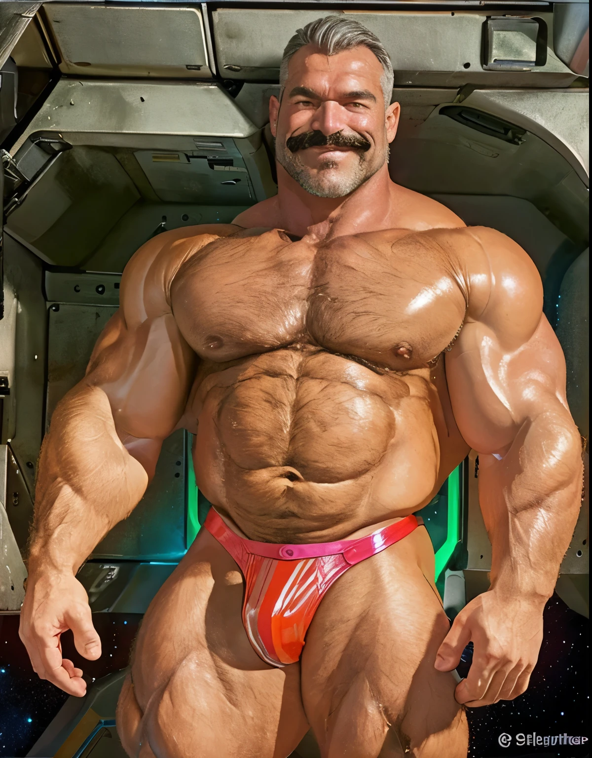 full body portrait, strong burly hairy mature older man(space captain), wearing futuristic captain's uniform insignia (neon and black) (open and revealing) (latex) , gray hair, broad shoulders, round belly, thick feet, bulging micro thong, barefoot, scifi spaceship captain uniform, neon lights, best quality elegant masterpiece, military buzzcut, dark mustache, gray stubble, latex, wearing a latex thong, big bulging crotch, futuristic gear equipment, wearing see through plastic chest armor (neon yellow and electric blue), wearing neon yellow see through chest armor, wearing electric blue latex chaps(see-through) , wearing cool neon sneakers,in spaceship cockpit, lying in spaceship sleeping quarters(bed) (view from above), smiling with teeth showing, nicebulge, waiting in bed, glowing armor, legs up(!) and spread(!) , big muscle ass, wet and dripping ass, hairy pecs, thick long legs, silver hair