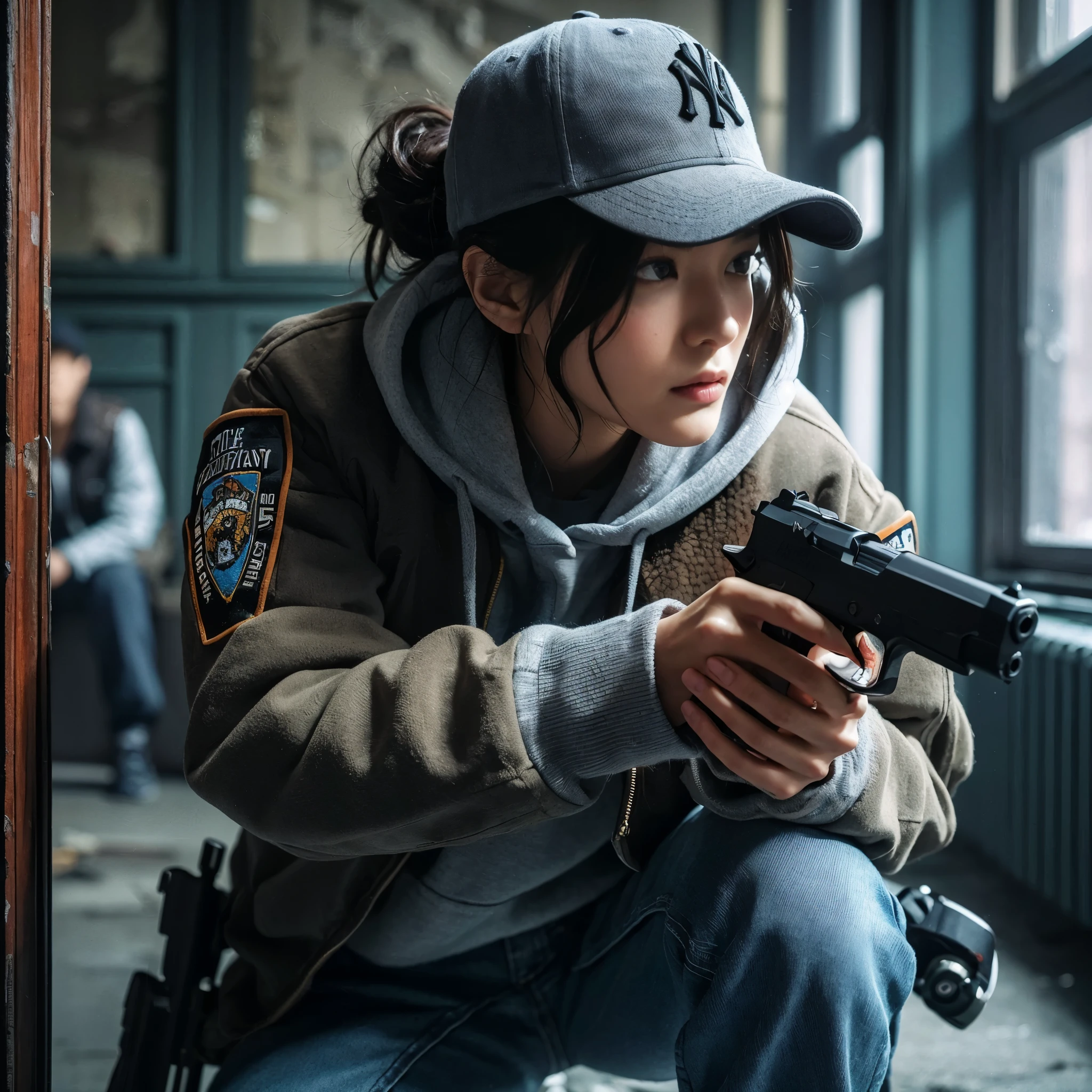 8K, realistic photo, r8K, realistic photo, realistic skin texture, アメリカ在住の美しい日本人woman捜査官、Nypd,Baseball Cap、Grey hoodie、Pistol、A1Flight jacket、Searching the suspicious room、Open the door and look around the room、Gunfight、Chino pants、sneakers、Dynamic pose、Be vigilant、decision、Innovative composition、woman、