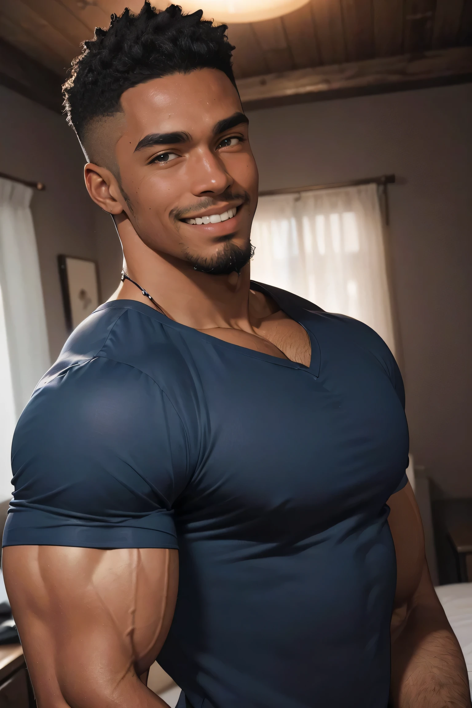 ((Masterpiece, Super Hi-Res, Highly Detailed, 8k)), ((1 Guy: 1.5)), African, goatee, Round-cropped, approx. 30, handsome, ((shirt, makes viewer erotic smile : 1.2)), muscles, skinny, upper body, close up, in the room,