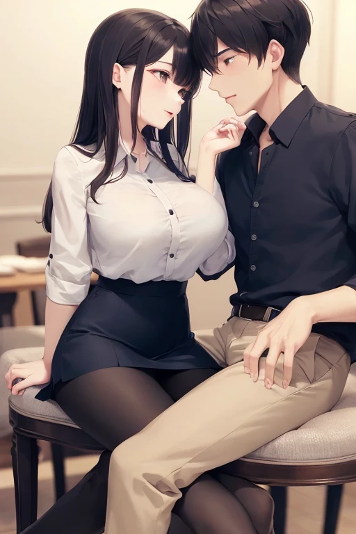 top-quality masterpiece Male and female couples Girl sitting on a chair wearing a tight skirt over a blouse with big breasts。Boy kissing her。Boy in high school long pants uniform with mash cut hairstyle。Without glasses、Revenge relationship