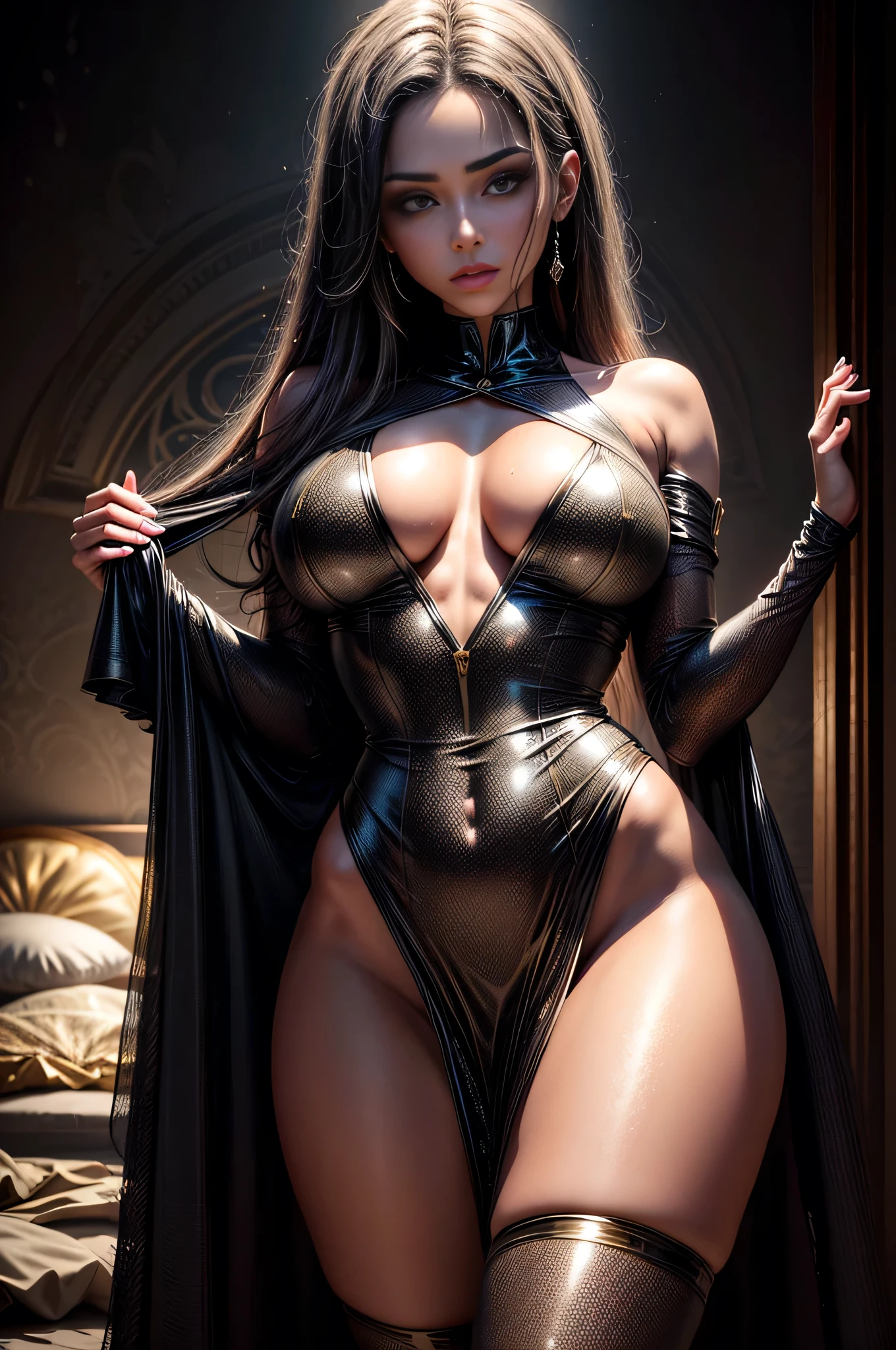 obra prima ,Ultra realista, Foto realism , Mulher preta bonita , wet lips , olhos castanhos , cabelo castanhos , soltos ao vento , coxas musculosas , corpo inteiro , vestido curto dourado , estilo grego ,brilhante , tudo detalhado , landscape with aphrodisiac background , PECADO , luxuria , strong lighting , marcante , 8k