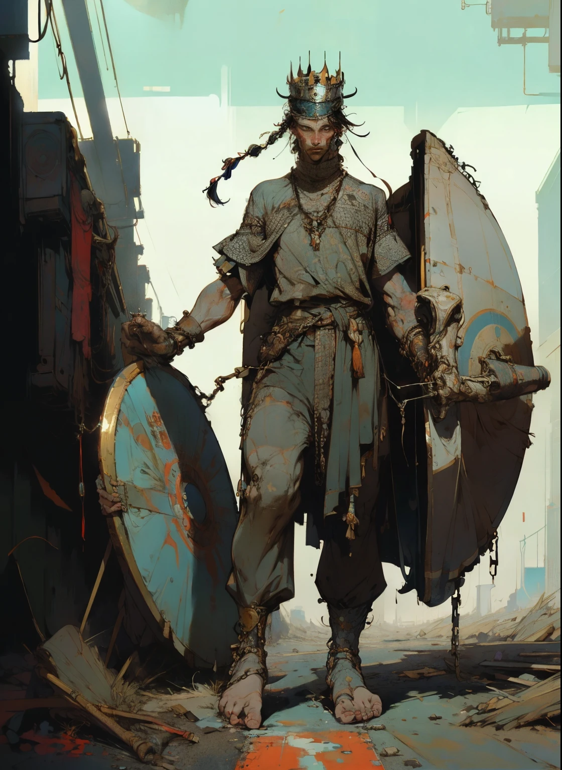 perfect proportions, anatomically correct, (head to toe: 2.0), (full body image: 2.0), solo, extremely stylized, deviant art, masterpiece, highly detailed, detailed eyes, expressive detailed eyes, detailed pupils, futuristic, ((wearing a crown)), ((holding a shield)), (cybernetic arms:1.4), big boots, entire body image, full body shot, nvinkpunk, professional photograph of alexander_skarsgard, tassles, large beads, (large tassels), cyberpunk, inkpunk, paint platter, ink splatter, (action pose:1.0), ((chainmail shirt))