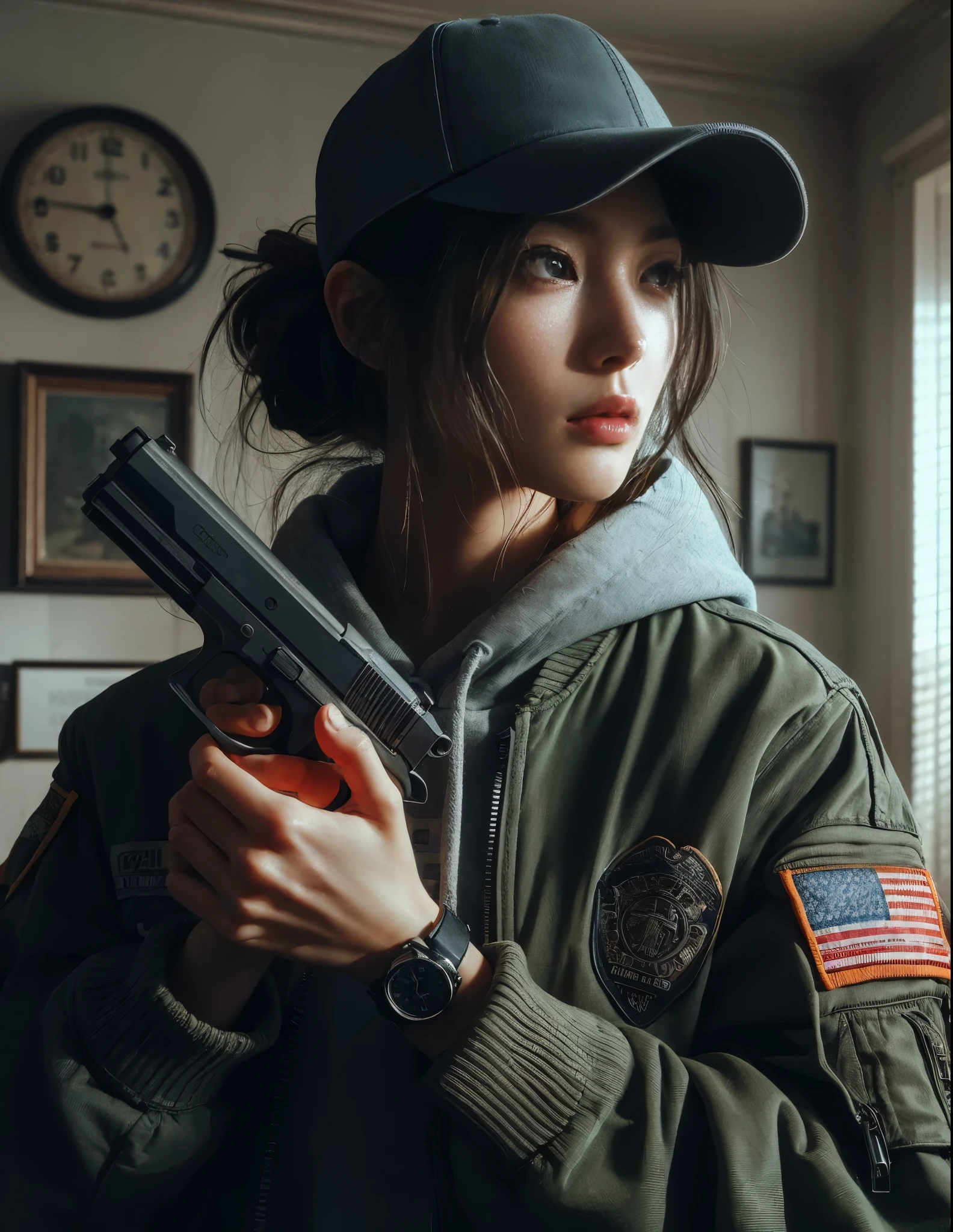 8K, realistic photo, r8K, realistic photo, realistic skin texture, アメリカ在住の美しい日本人woman捜査官、Nypd,Baseball Cap、Grey hoodie、Pistol、A1Flight jacket、Searching the suspicious room、Open the door and look around the room、Gunfight、Chino pants、sneakers、Dynamic pose、Be vigilant、decision、Innovative composition、woman、