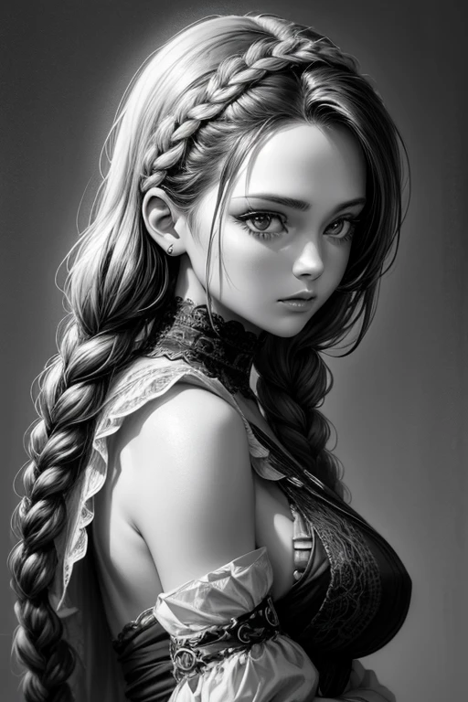 4k, drawing made with 6b pencil, realistic drawing, black and white drawing, drawing of a woman with braids in her hair, digital art but photo, detailed digitalwork art, detailed digital art, desaturated!!, digital art!!, in the style of digital painting, digital art - n 5, #1 digital painting of all time, #1 digital painting of all time, digital art picture, dark but detailed digital art, great digital art with details