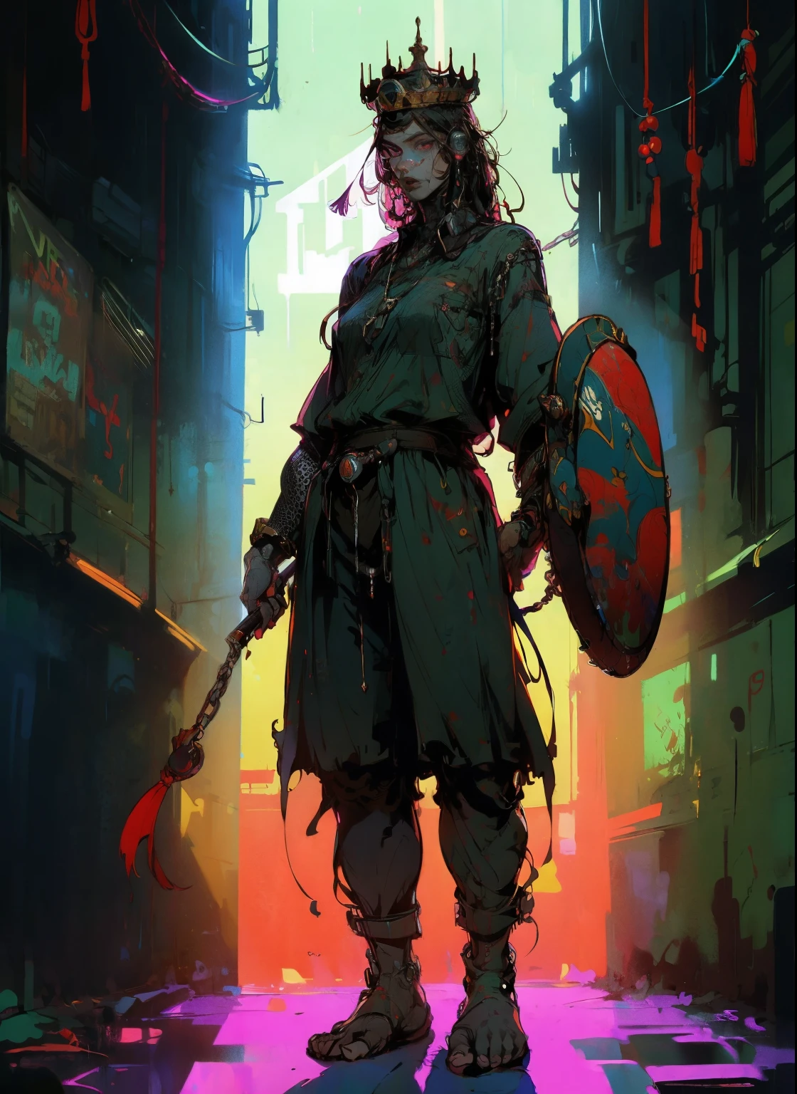 perfect proportions, anatomically correct, (head to toe: 2.0), (full body image: 2.0), solo, extremely stylized, deviant art, masterpiece, highly detailed, detailed eyes, expressive detailed eyes, detailed pupils, futuristic, ((wearing a crown)), ((holding a shield)), (cybernetic arms:1.4), big boots, entire body image, full body shot, nvinkpunk, professional photograph of alexander_skarsgard, tassles, large beads, (large tassels), cyberpunk, inkpunk, paint platter, ink splatter, (action pose:1.0), ((chainmail shirt))