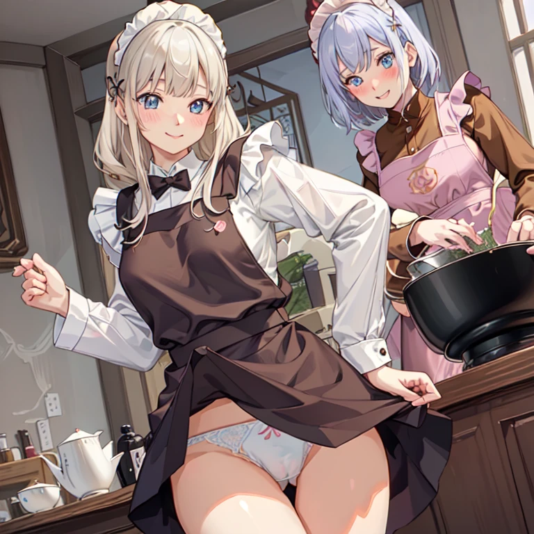 highest quality、masterpiece、((2 women))、((smile:1.3))、(blush:1.3)、Black Shirt、blouse、((fun!!))、(Small breasts)、()、Blonde、(Long sleeve)、((White apron:1.5))、((Maid))、((hair ornaments)),、Kamimei、look at me、 ((in house:1.5))、 Taking a break from watching the audience、Cowboy Shot、(Skirt lift:1.3),(Highly detailed white panties:1.3)、(Highly detailed panties:1.3)、、(スカート that rolls up:1.3)、(Panties fully exposed:1.5)、Light blue eyes、long hair、Glowing Eyes