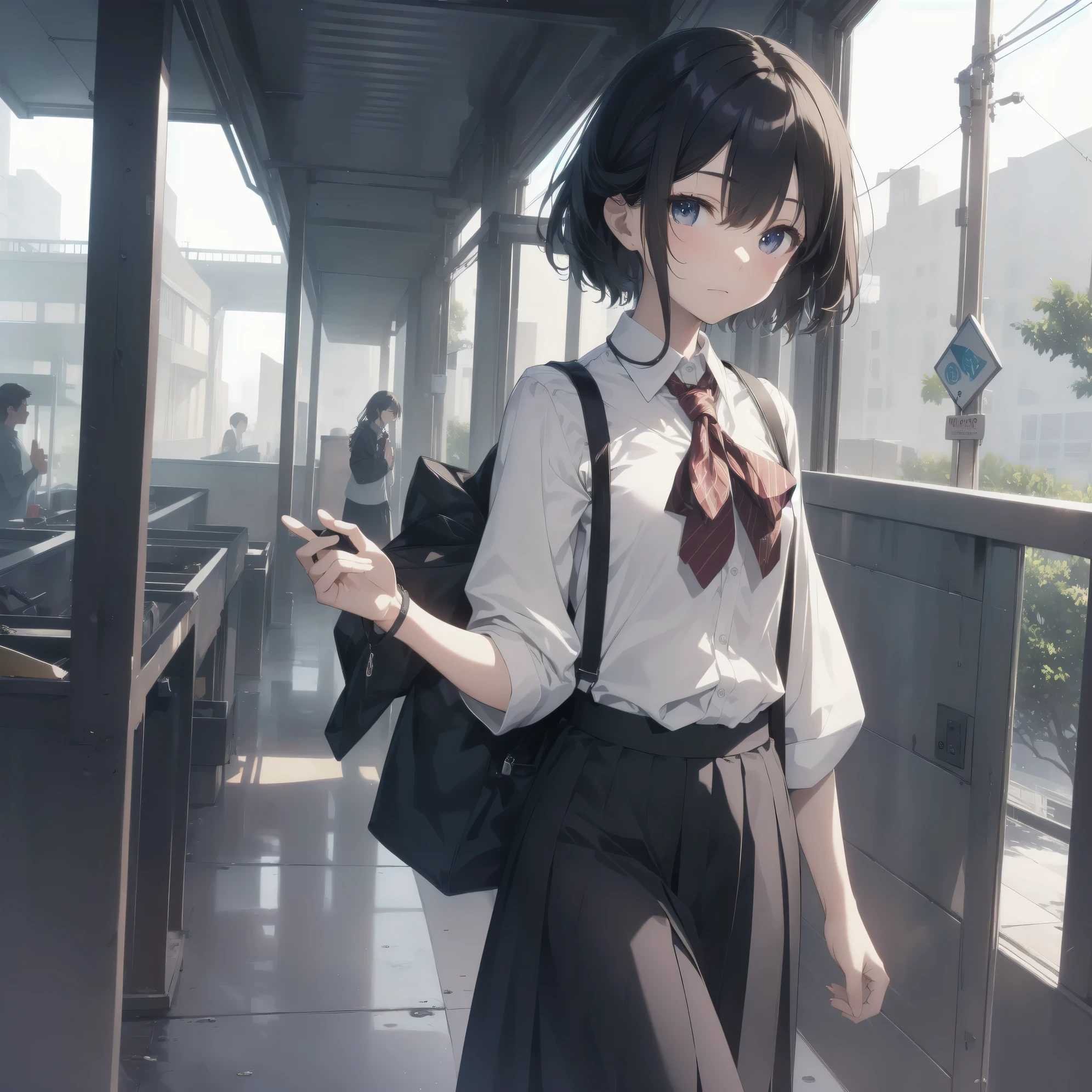 ultra-absurdres-Top quality by artist God, ultra-detailed, high resolution, anime moe artstyle, best anime 8k konachan wallpaper, pixiv contest winner, pool:2810, perfect anatomy,break, 1girl, (Please draw a girl walking sleepily to school alone. )break,(Solo,little female, 13-year-old:1.3),Full limbs, complete fingers,a junior high school student,  (very short hair), short cut, flat chest, , small butt, small black eyes, beautiful detailed eyes, well-proportioned iris and pupils, expressive eyes, highres detailed hair, soft expression, school_uniform, bowtie, collared shirt.  pleated skirt,(Detailed Lighting), (Detailed background), in the School commute route. break,super detailed skin, Best cinematic lighting powered by famous artist, 8k,beauty illustration,photoshop_(medium),very aesthetic,break,((artist:dd_(ijigendd) )), artist:bolze ,artist:oyari ashito ,artist:kantoku ,