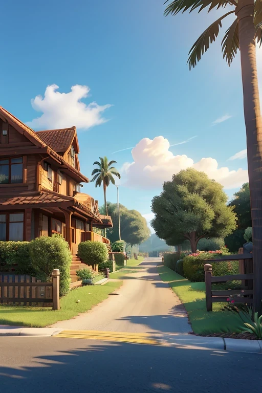 In the art style of the video game Life is Strange, straight road leading to an big mansion. There are small wooden fences on both the sides of the road. One cycle is parked on the fence. There are palm trees leading to the hostel on the other side of the fence along with bushes and flowers. There are no other buildings other than the hostel. The hostel is also wide. Warm feeling. 4k highly detailed