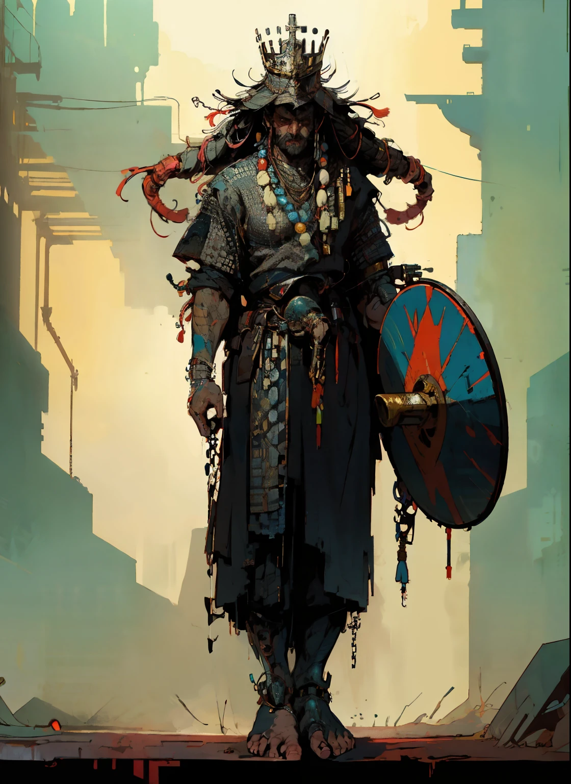 perfect proportions, anatomically correct, (head to toe: 2.0), (full body image: 2.0), solo, extremely stylized, deviant art, masterpiece, highly detailed, detailed eyes, expressive detailed eyes, detailed pupils, futuristic, ((wearing a crown)), ((holding a shield)), (cybernetic arms:1.4), big boots, entire body image, full body shot, nvinkpunk, professional photograph of alexander_skarsgard, tassles, large beads, (large tassels), cyberpunk, inkpunk, paint platter, ink splatter, (action pose:1.0), ((chainmail shirt)), old warrior, long beard
