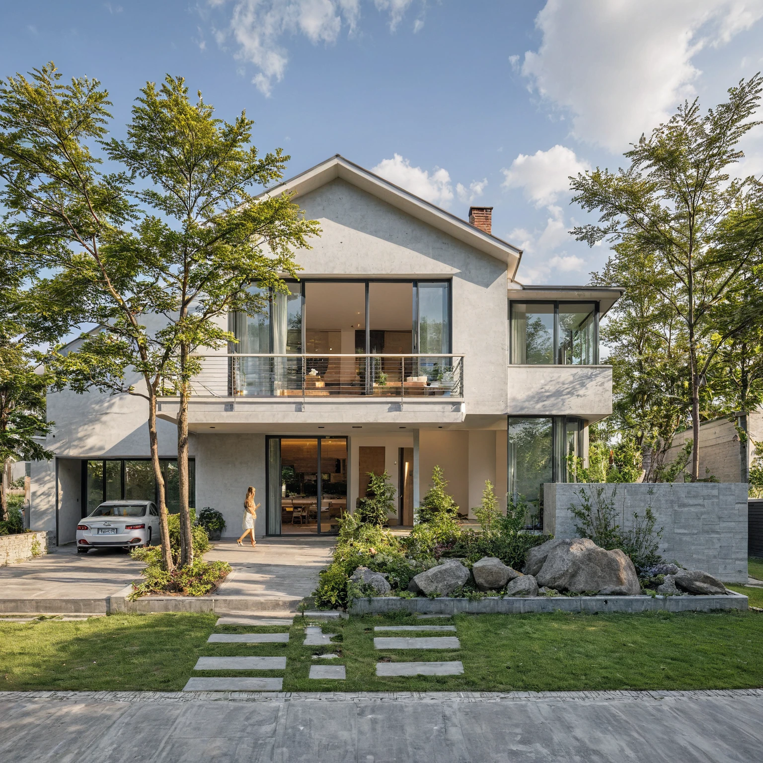 A minimalist, modern house with a white architectural design. It features stacked blocks and curved walls. The interior space is open and spacious, with large glass doors. The combination of raw materials such as exposed brick and concrete creates focal points. There are no people inside the house, evoking a sense of tranquility and emptiness.