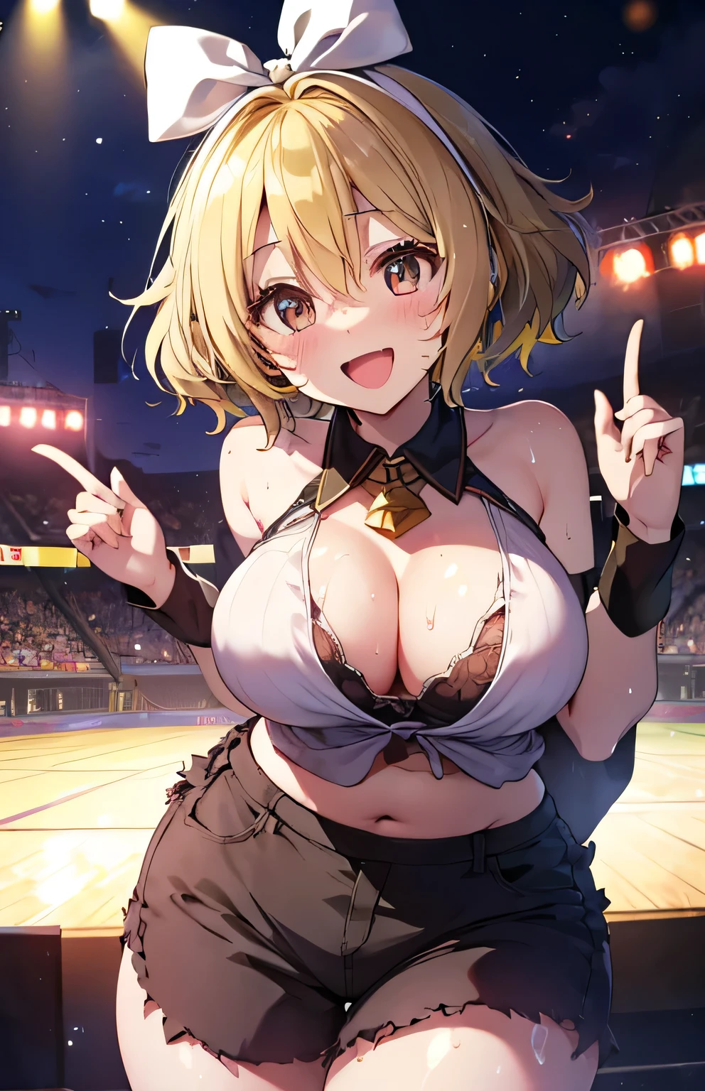 Anime illustration、highest quality、Idol、Kagamine Rin、Sing and dance、Night Show、Illuminated by spotlights、colorful psyllium、Perfect proportions、Live music on the stadium stage、overwhelmingly big breasts、Beautiful, shining eyes、Cowboy Shot、smile、Excessive sweating、Noise Reduction