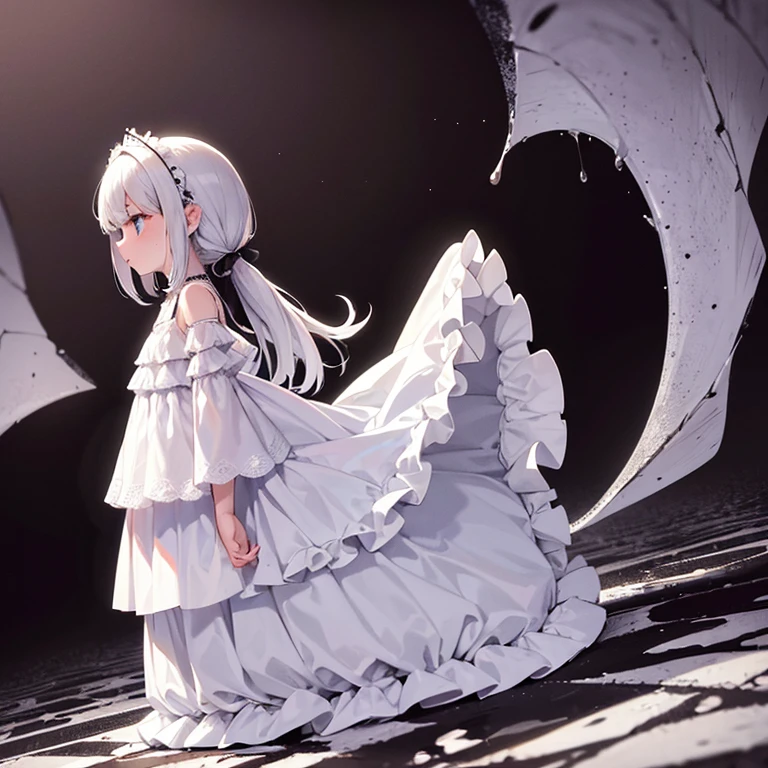 1girl, White spider, cabello rubio, vestido, horror \(tema\), oscuro,, Obra maestra, La mejor calidad, Altamente detallado.low angle