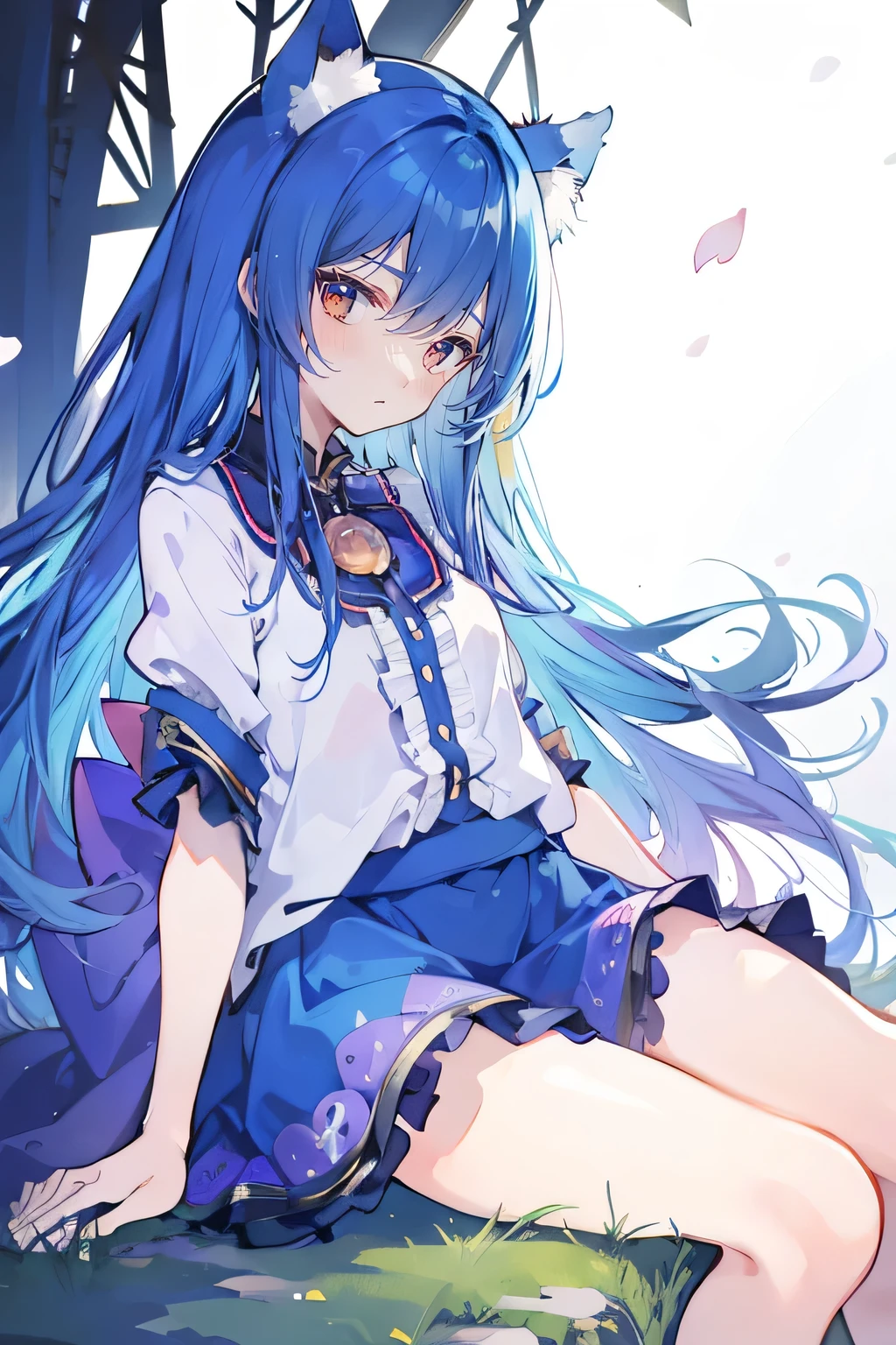 (masterpiece:1.2),ultra-detailed,realistic,expressive eyes,fair-skinned,perfectly shaped face,1girl,
Japanese cartoons,Gorgeous blue hair, flowing blue hair,floating clothes,cat ears,petals falling,beautiful Lola,Hina Angel,
hands on waist,gracefully sitting on the ground,legs crossed,gentle and serene background,cool and comfortable pavilion,shy face ,night .