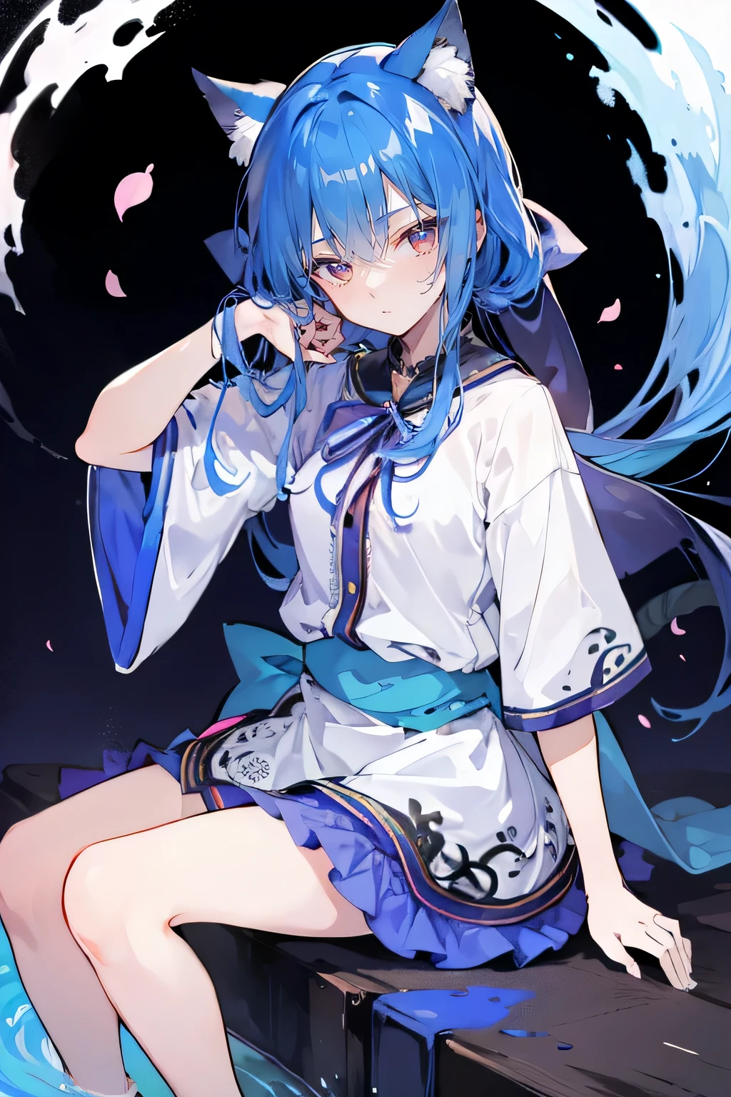 (masterpiece:1.2),ultra-detailed,realistic,expressive eyes,fair-skinned,perfectly shaped face,1girl,
Japanese cartoons,Gorgeous blue hair, flowing blue hair,floating clothes,cat ears,petals falling,beautiful Lola,Hina Angel,
hands on waist,gracefully sitting on the ground,legs crossed,gentle and serene background,cool and comfortable pavilion,shy face ,night .