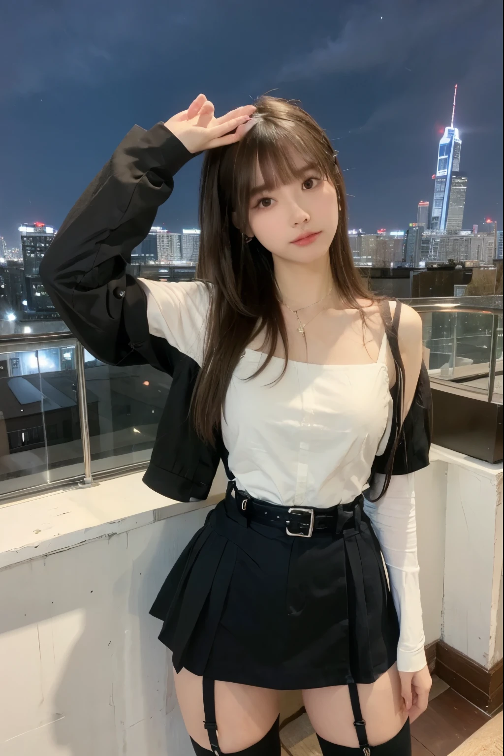 ((Midnight, highest quality, 8k, masterpiece :1.3)), whole body, Long legs, Sharp focus :1.2, Beautiful woman with perfect figure :1.4, Slim Abs :1.1, ((Dark brown hair, Big Breasts :1.2)), (White tight T-shirt, Jean Bib, Are standing:1.2), ((Night city view, rooftop:1.3)), Very detailedな顔と肌の質感, Fine grain, Double eyelids one girl,highest quality,masterpiece,figure,Very delicate and beautiful,CG,Unity,8k wallpaper,wonderful,In detail,masterpiece,Official Art,Very detailed CG Unity 8k wallpaper,Incredibly absurd,Large file size,Very detailedな,High resolution,Very detailed,Beautiful detailed girl,Realistic,from the front,Outdoor, suspenders Large swollen breasts Black mini skirt garter belt Knee-high socks bangs Beauty Hands up Black boots one person Dress shirt Hands Behind Back put your hands behind your back With your hands behind your back Armament holster A room at the Belt Hotel Bed Wall side