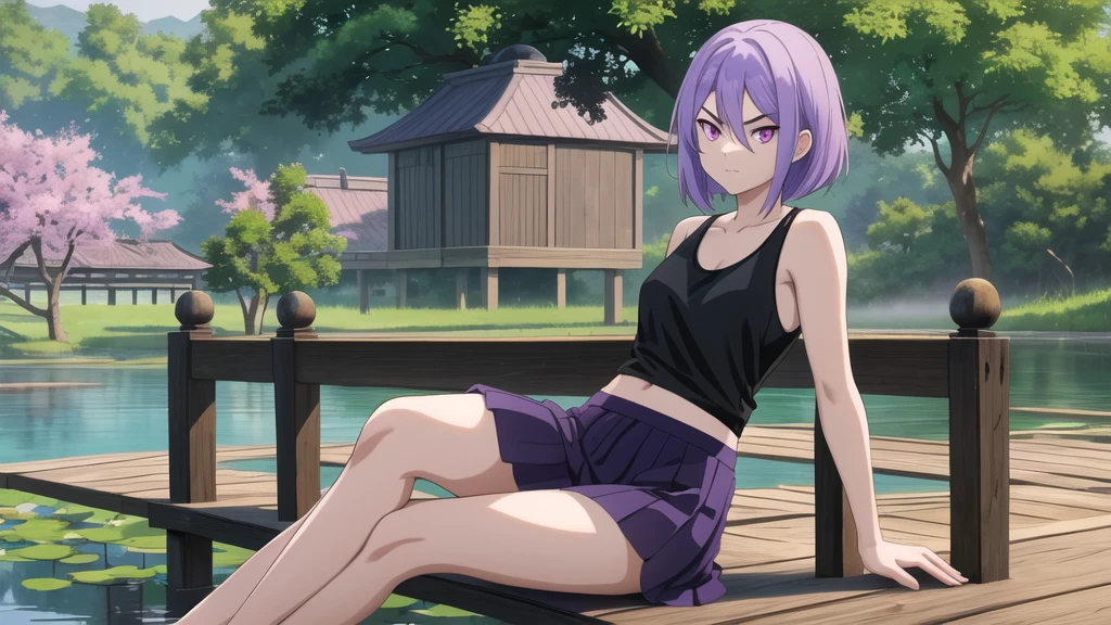 young woman with light purple hair and a black blouse is sitting on a wooden platform, girl sitting poses, in the background is a pond with water lilies, oriental landscape with a magnolia tree in the background, oriental garden, barefeet, light purple hair, short girls hair, shoulder length hair, evil looking girl, short blouse, shoulder free airy tank top, blue cropped skirt, black tank top, evil looking purple eyes, anime, wooden pier on the lake shore, wooden ground, epic anime artwork, evil woman