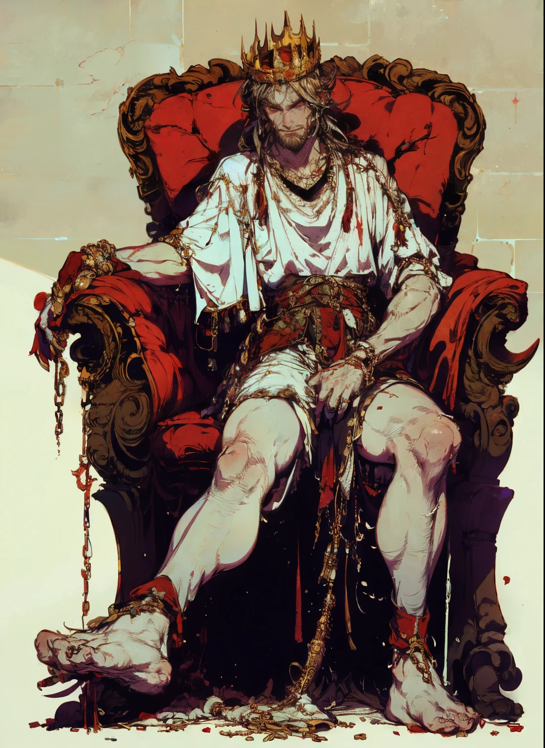 1man, old man, perfect proportions, anatomically correct, (head to toe: 2.0), (full body image: 2.0), solo, extremely stylized, deviant art, masterpiece, highly detailed, detailed eyes, expressive detailed eyes, detailed pupils, futuristic, ((wearing a crown)), ((sitting on a throne)), (cybernetic arms:1.4), big boots, entire body image, full body shot, nvinkpunk, professional photograph of alexander_skarsgard, tassles, large beads, (large tassels), cyberpunk, inkpunk, paint platter, ink splatter, (action pose:1.0), ((chainmail shirt)), old warrior, long beard