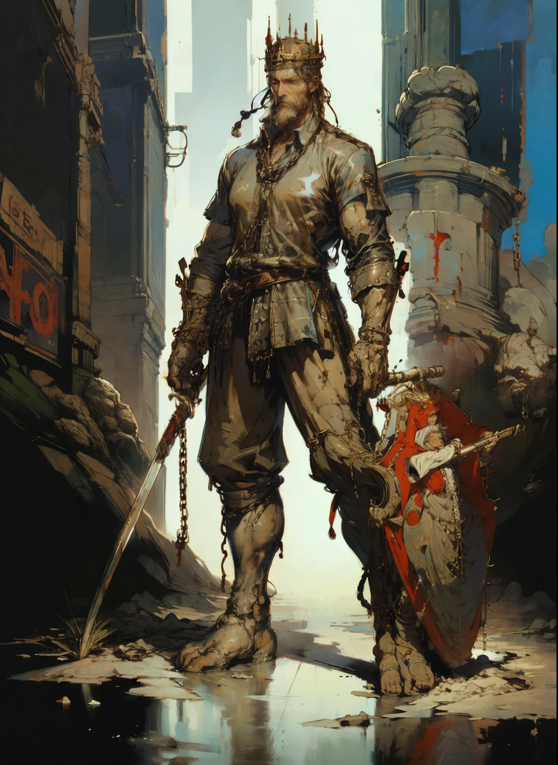 1man, old man, perfect proportions, anatomically correct, (head to toe: 2.0), (full body image: 2.0), solo, extremely stylized, deviant art, masterpiece, highly detailed, detailed eyes, expressive detailed eyes, detailed pupils, futuristic, ((wearing a crown)), ((holding a sword and shield)), (cybernetic arms:1.4), big boots, entire body image, full body shot, nvinkpunk, professional photograph of alexander_skarsgard, tassles, large beads, (large tassels), cyberpunk, inkpunk, paint platter, ink splatter, (action pose:1.0), ((chainmail shirt)), old warrior, long beard