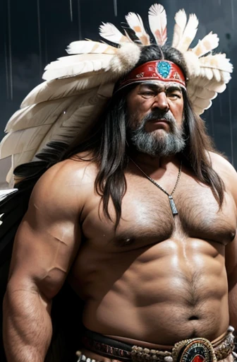  A shirtless Apache warrior with a huge eagle feather headdress on his head. Un culturista obeso de cuerpo completo con un cuerpo muy sudoroso. An extremely muscular and extremely fat old man over 70 years old weighing over 600 pounds. Muy musculoso, muy peludo. Pectorales grandes con pezones oscuros y ginecomastia. A Colorado canyon landscape with a loincloth in the rain. 