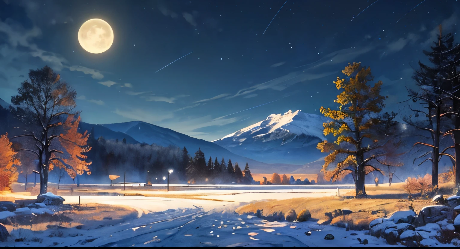 ((Masterpiece:1.4,Best quality)),  Cloud,   Outdoors,  forest
(Snowy mountains), Autumn clearing
, scenery,  sky,
(Night:1.4),  Night skies,  Moon,  Moonlight,  High detail, abundant, 8K, Green,tree, High detail,   the wallpaper,