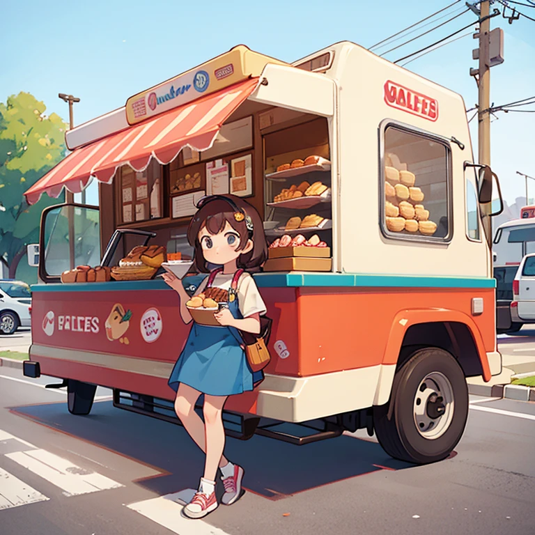 A girl selling donuts and waffles from a food truck