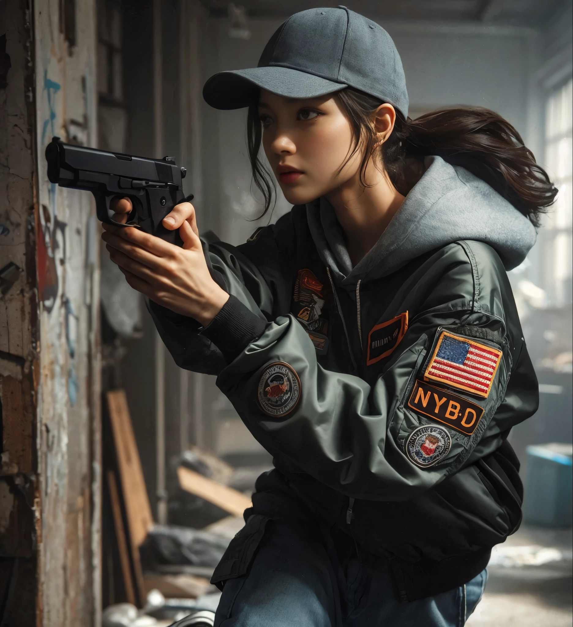8K, realistic photo, r8K, realistic photo, realistic skin texture, アメリカ在住の美しい日本人woman捜査官、Nyｐｄ，Baseball Cap、Grey hoodie、Pistol、A１Flight jacket、Searching the suspicious room、Open the door and look around the room、Gunfight、Chino pants、sneakers、Dynamic pose、Be vigilant、decision、Innovative composition、woman、