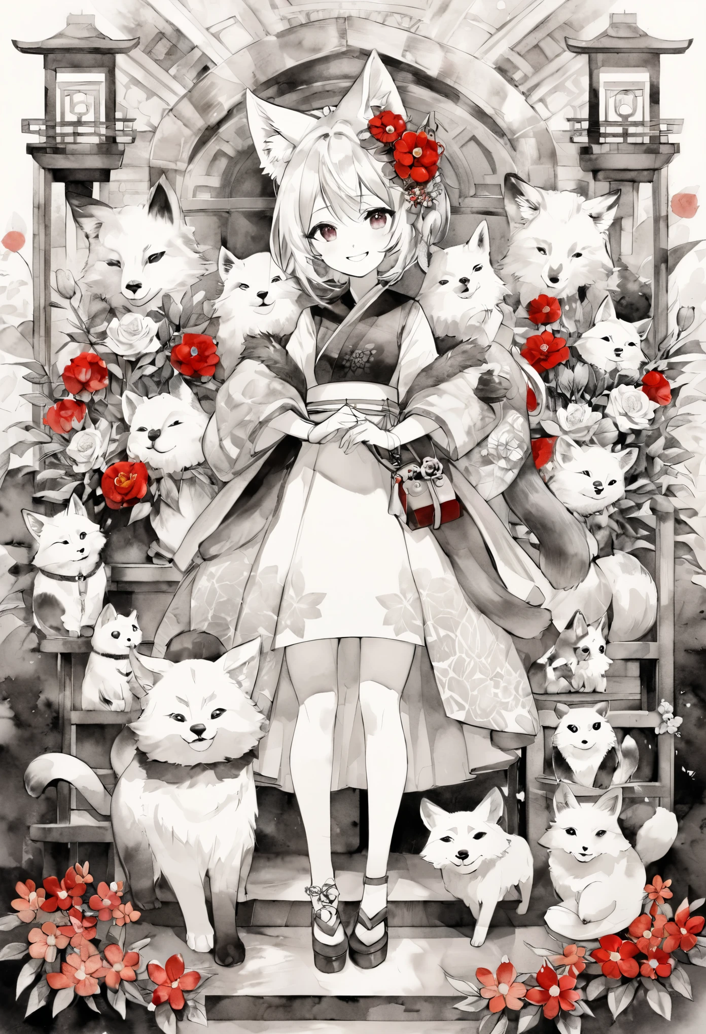 monochrome, watercolor, highres, top quality, best quality, paid reward available, High-quality illustrations, unparalleled masterpiece, perfect artwork, absurdres, 1girl, kemono, furry, detailed body fur, animal face, animal hand, Archaic Smile, holding a cluster of red flower in both hands, which are positioned at chest level, She is wearing a simple ring on the ring finger of her left hand, unfocused spread of red flower, fan-created work shared on platforms Pixiv or Twitter,