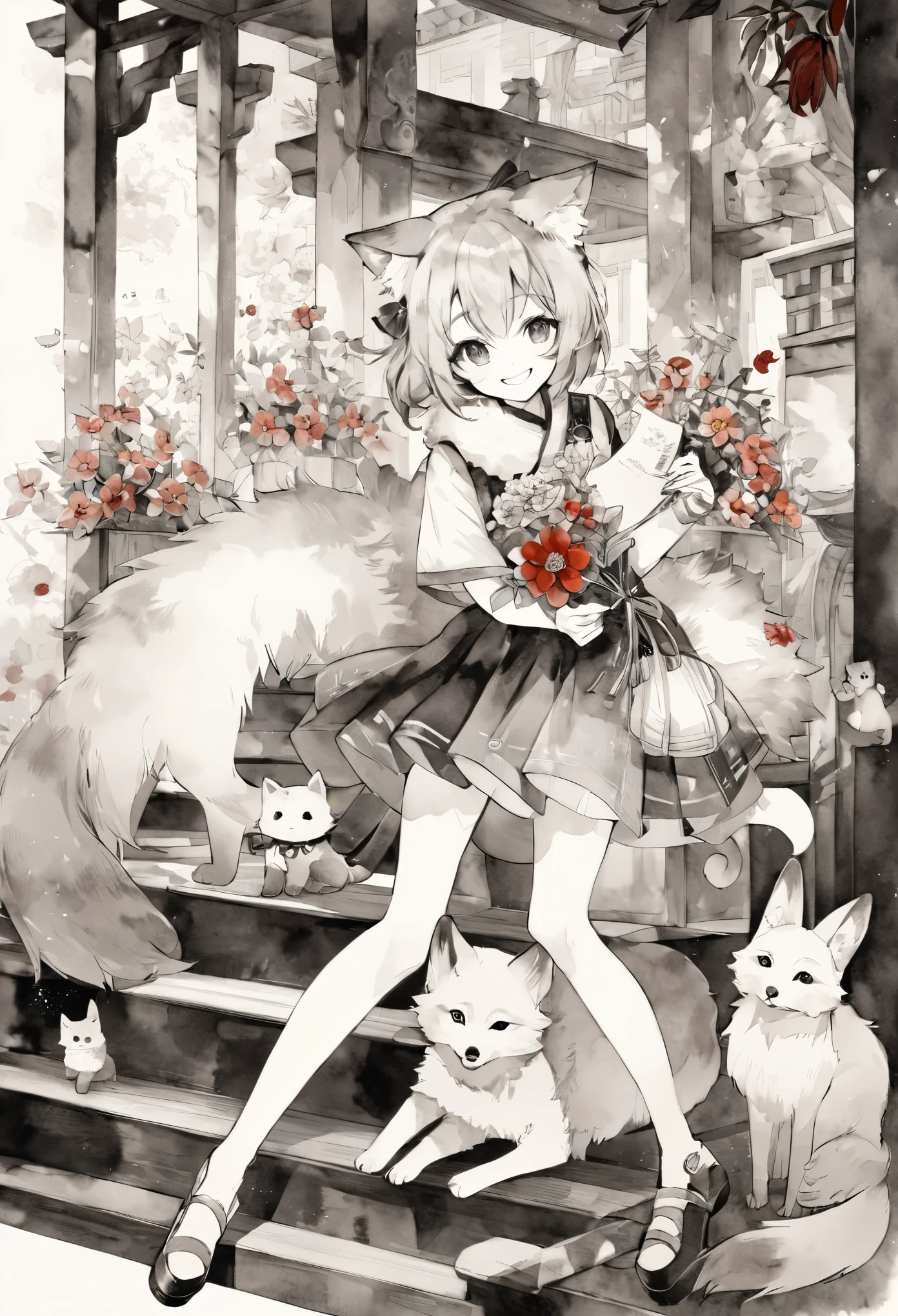 monochrome, watercolor, highres, top quality, best quality, paid reward available, High-quality illustrations, unparalleled masterpiece, perfect artwork, absurdres, 1girl, kemono, furry, detailed body fur, animal face, animal hand, Archaic Smile, holding a cluster of red flower in both hands, which are positioned at chest level, She is wearing a simple ring on the ring finger of her left hand, unfocused spread of red flower, fan-created work shared on platforms Pixiv or Twitter,