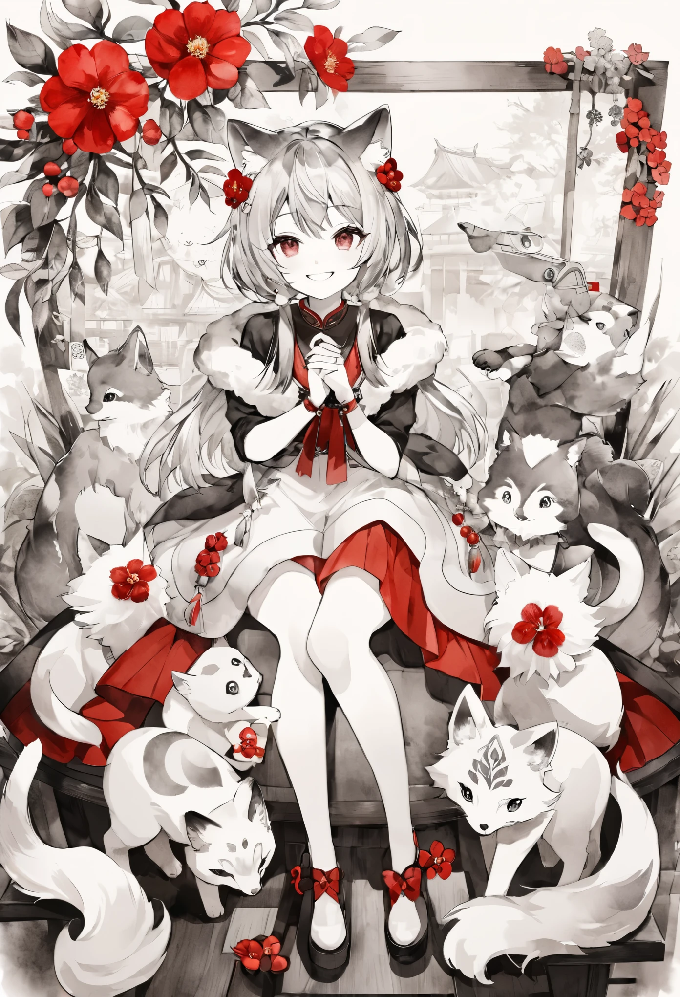 monochrome, watercolor, highres, top quality, best quality, paid reward available, High-quality illustrations, unparalleled masterpiece, perfect artwork, absurdres, 1girl, kemono, furry, detailed body fur, animal face, animal hand, Archaic Smile, holding a cluster of red flower in both hands, which are positioned at chest level, She is wearing a simple ring on the ring finger of her left hand, unfocused spread of red flower, fan-created work shared on platforms Pixiv or Twitter,