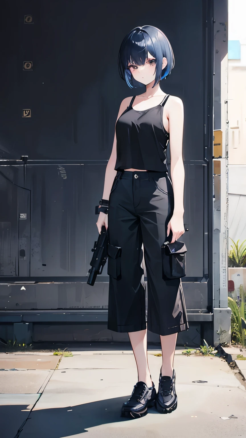 Girl with a black handgun,solo,cute,short hair,Black Hair,Blue inner color hair,Black tank top,Black Cargo Pants,Oversized outerwear,Has a handgun,&#39;&#39;Black handgun&#39;&#39;,blue eyes,cool,((Small breasts)),neutral