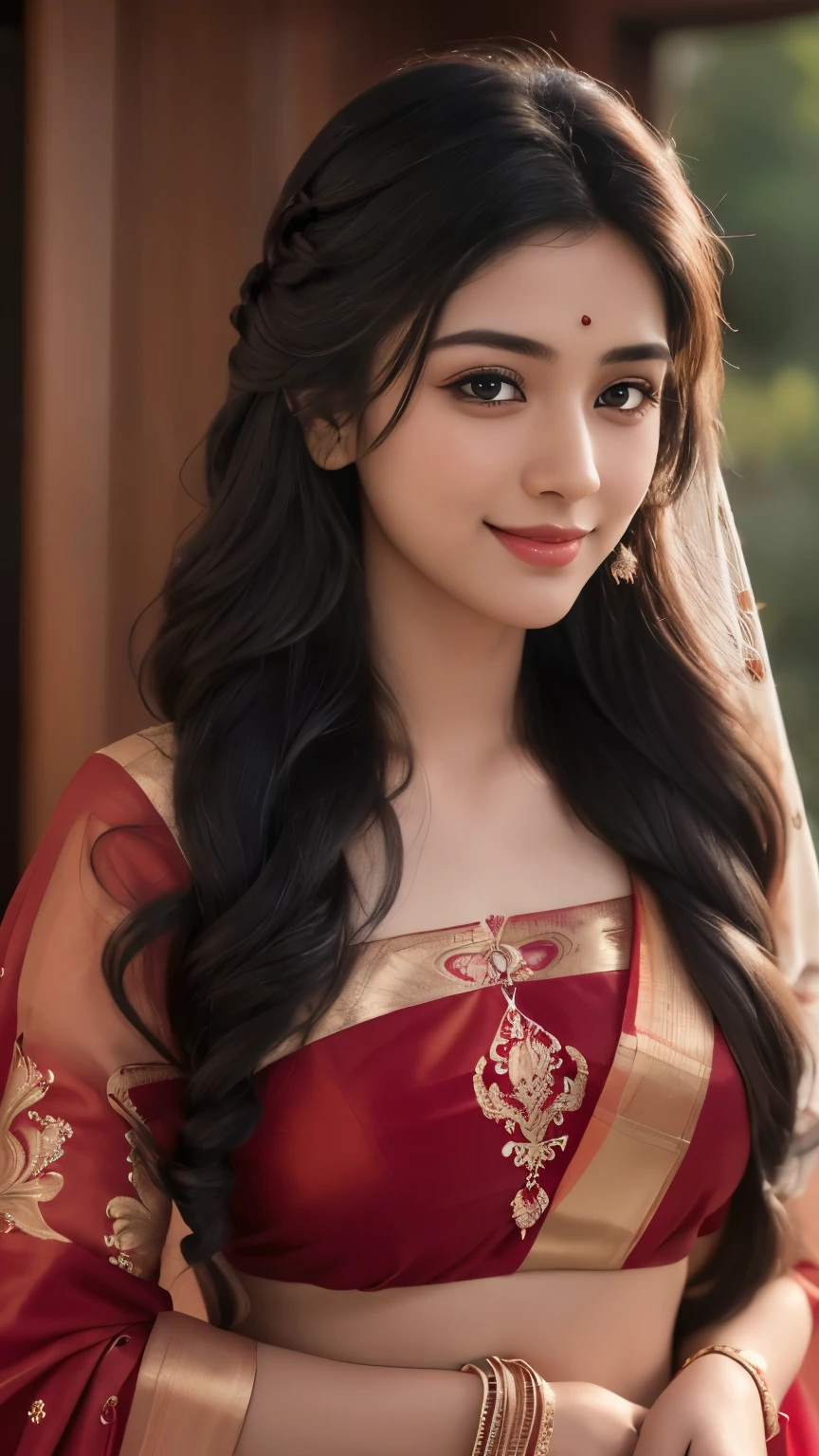Close up, 24 year old indian woman, Bridal Red silky satin saree, White skin, long dense braided hair, Corn forming Fields landscapes background, ultra realistic, realism, cute, charming, day time, tattooed body, medium height, big eyes, pure Indian style saree, ambient lighting, perfect anatomy, detailed body and face, 8K, Masterpiece, RAW photo, Best quality, Photorealistic, Extremely detailed CG Unity 8K wallpaper, Noval Showing, Most Beautiful smile, ((smile:1.2)), very hot look eyes, Beautiful Smile