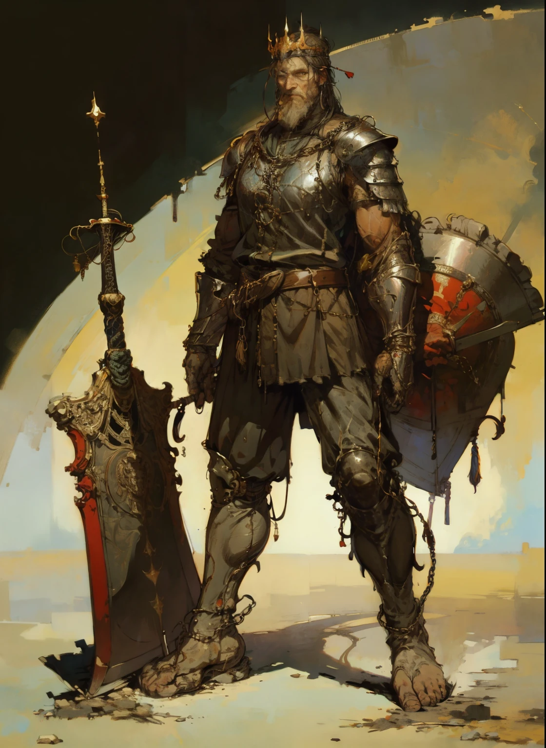 1man, old man, perfect proportions, anatomically correct, (head to toe: 2.0), (full body image: 2.0), solo, extremely stylized, deviant art, masterpiece, highly detailed, detailed eyes, expressive detailed eyes, detailed pupils, futuristic, ((wearing a crown)), ((holding a sword and shield)), (cybernetic arms:1.4), big boots, entire body image, full body shot, nvinkpunk, professional photograph of alexander_skarsgard, tassles, large beads, (large tassels), cyberpunk, inkpunk, paint platter, ink splatter, (action pose:1.0), ((chainmail shirt)), old warrior, long beard, ((armor shoulders))