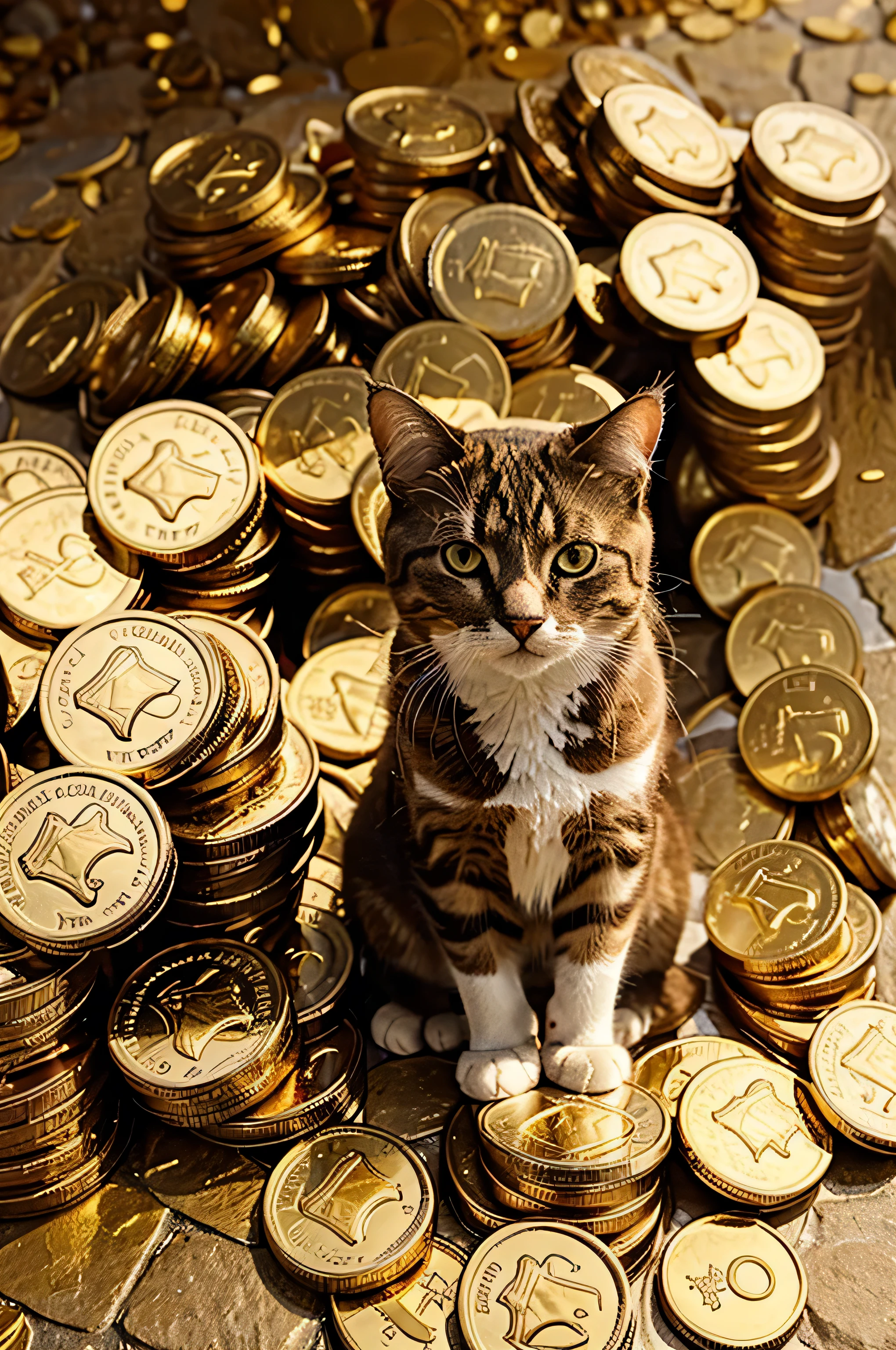 image of a cat sitting on a mountain of gold coins