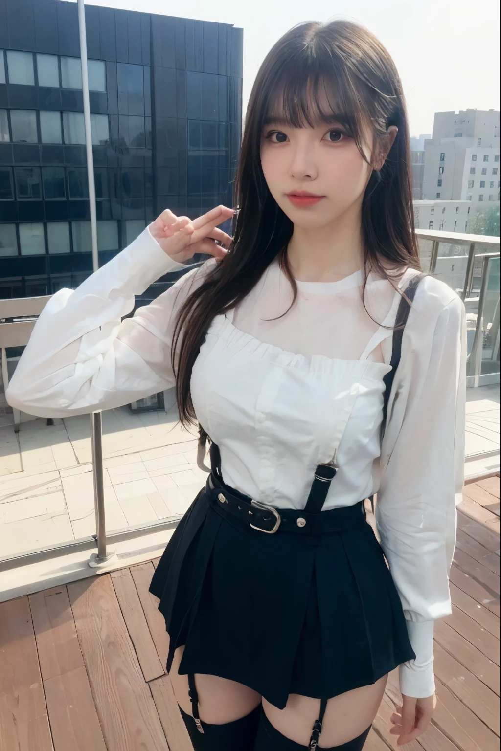((Midnight, highest quality, 8k, masterpiece :1.3)), whole body, Long legs, Sharp focus :1.2, Beautiful woman with perfect figure :1.4, Slim Abs :1.1, ((Dark brown hair, Big Breasts :1.2)), (White tight T-shirt, Jean Bib, Are standing:1.2), ((Night city view, rooftop:1.3)), Very detailedな顔と肌の質感, Fine grain, Double eyelids one girl,highest quality,masterpiece,figure,Very delicate and beautiful,CG,Unity,8k wallpaper,wonderful,In detail,masterpiece,Official Art,Very detailed CG Unity 8k wallpaper,Incredibly absurd,Large file size,Very detailedな,High resolution,Very detailed,Beautiful detailed girl,Realistic,from the front,Outdoor, suspenders Large swollen breasts Black mini skirt garter belt Knee-high socks bangs Beauty Hands up Black boots one person Dress shirt Hands Behind Back put your hands behind your back With your hands behind your back Armament holster A room at the Belt Hotel Bed Wall side