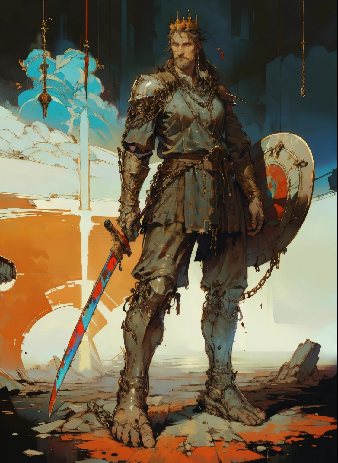 1man, old man, perfect proportions, anatomically correct, (head to toe: 2.0), (full body image: 2.0), solo, extremely stylized, deviant art, masterpiece, highly detailed, detailed eyes, expressive detailed eyes, detailed pupils, futuristic, ((wearing a crown)), ((holding a sword and shield)), (cybernetic arms:1.4), big boots, entire body image, full body shot, nvinkpunk, professional photograph of alexander_skarsgard, tassles, large beads, (large tassels), cyberpunk, inkpunk, paint platter, ink splatter, (action pose:1.0), ((chainmail shirt)), old warrior, long beard, ((armor shoulders))