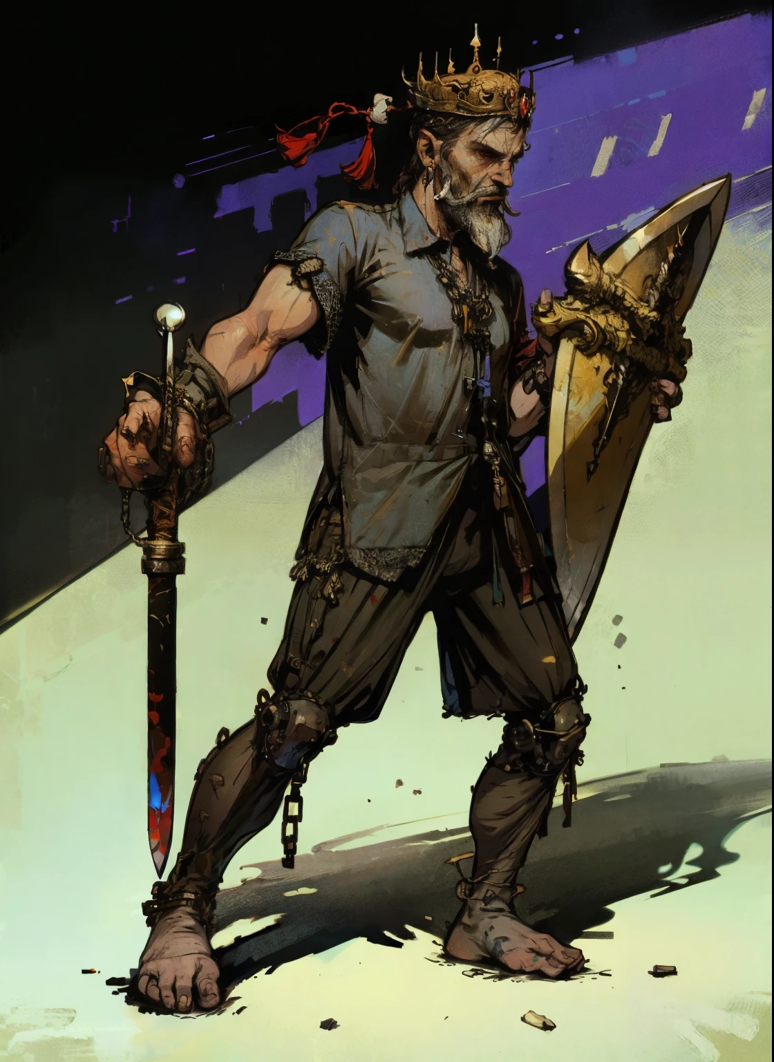 1man, old man, perfect proportions, anatomically correct, (head to toe: 2.0), (full body image: 2.0), solo, extremely stylized, deviant art, masterpiece, highly detailed, detailed eyes, expressive detailed eyes, detailed pupils, futuristic, ((wearing a crown)), ((holding a sword and shield)), (cybernetic arms:1.4), big boots, entire body image, full body shot, nvinkpunk, professional photograph of alexander_skarsgard, tassles, large beads, (large tassels), cyberpunk, inkpunk, paint platter, ink splatter, (action pose:1.0), ((chainmail shirt)), old warrior, long beard