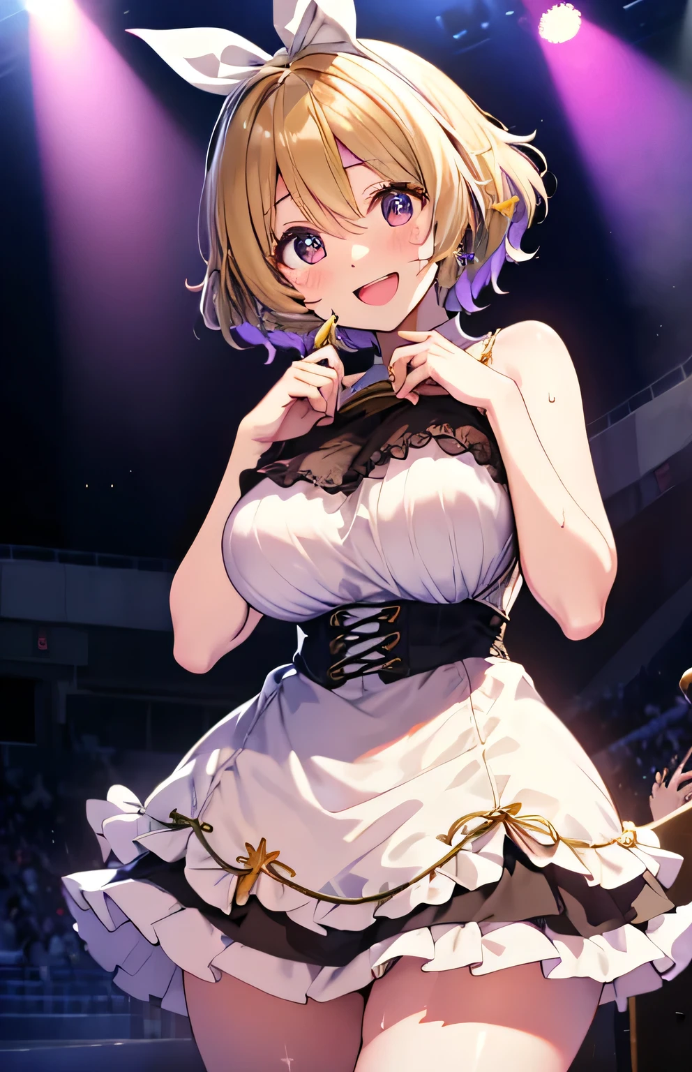 Anime illustration、highest quality、Idol、Kagamine Rin、Sing and dance、Night Show、Illuminated by spotlights、colorful psyllium、Ruffled dress、Perfect proportions、Live music on the stadium stage、overwhelmingly big breasts、Beautiful, shining eyes、Cowboy Shot、smile、Excessive sweating、Noise Reduction