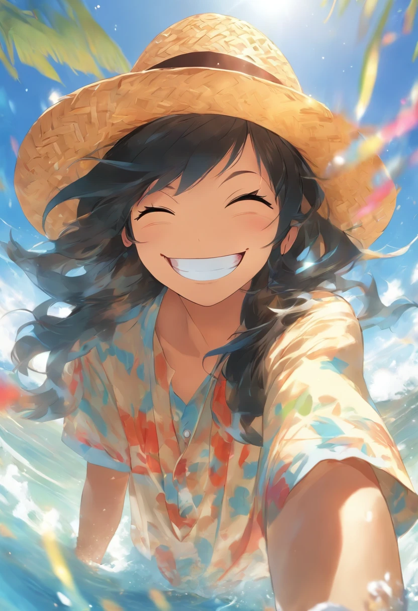 a straw fedora hat、A big smile、top-quality、masterpiece、summer、blue-sky、Long black hair