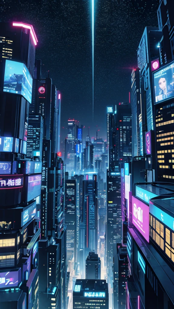 Sci-fi style metropolis at night、cyber punk、Overlooking the city from above、Beautiful night view