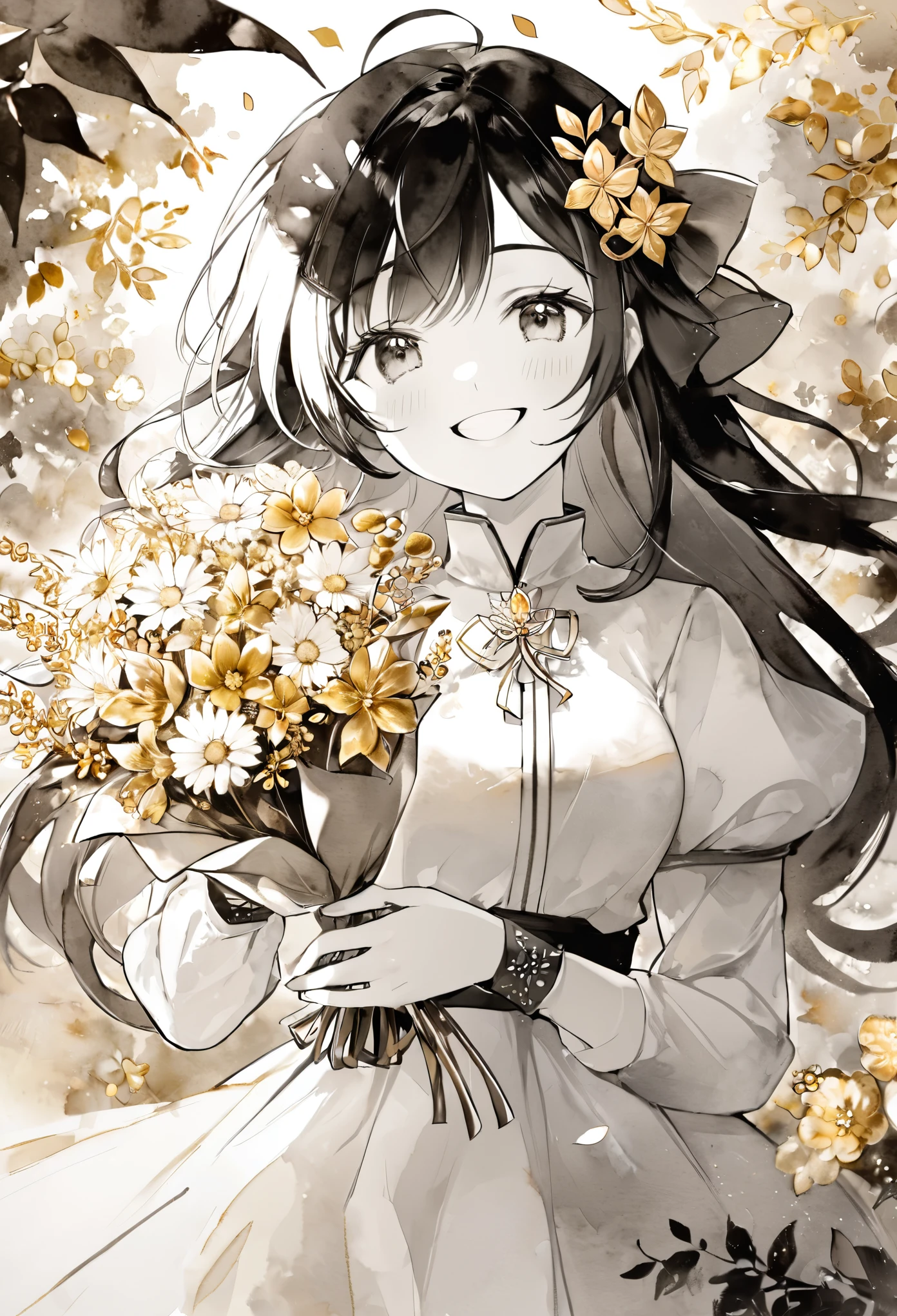 monochrome, watercolor, highres, top quality, best quality, paid reward available, High-quality illustrations, unparalleled masterpiece, perfect artwork, absurdres, 1girl, Archaic Smile, holding a cluster of gold flower in both hands, She is wearing a simple ring on the ring finger of her left hand, unfocused spread of gold flower,