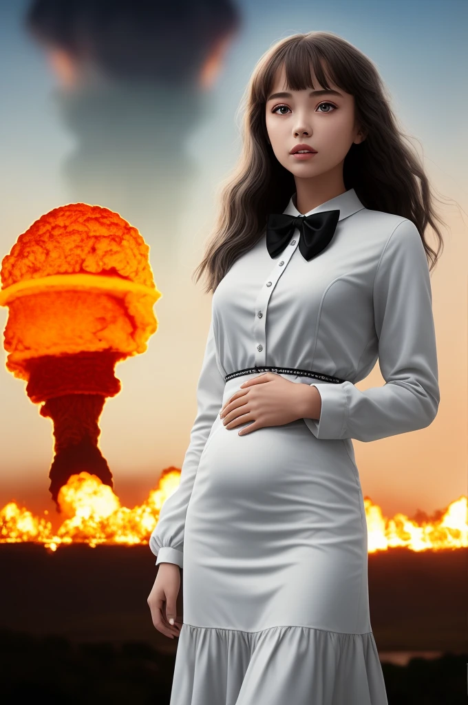 masterpiece, best quality, illustration, {beautiful detailed girl}, beautiful detailed glow, (flames of war: 1.2), (nuclear explosion behind: 1.3), rain, detailed lighting, detailed water, (beautiful detailed eyes: 1.1), featureless , palace, azure hair, messy hair, long bangs, hair between the eyes, (white and gray dress: 1.1), black ribbon, white bow ties, belly, big forehead, blank look, flower, long sleeves