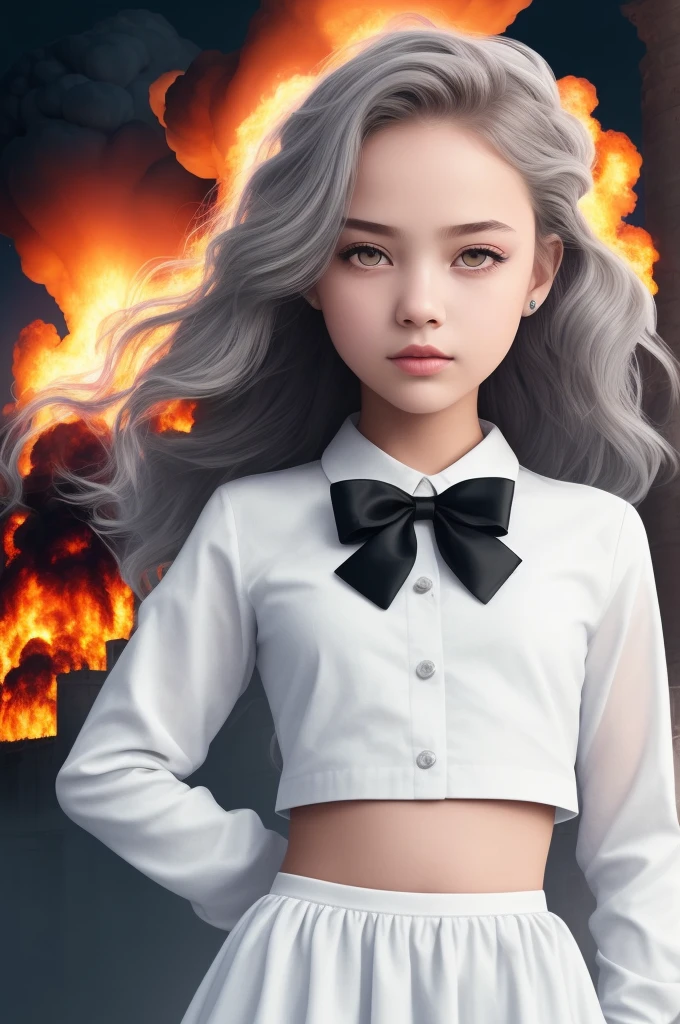 masterpiece, best quality, illustration, {beautiful detailed girl}, beautiful detailed glow, (flames of war: 1.2), (nuclear explosion behind: 1.3), rain, detailed lighting, detailed water, (beautiful detailed eyes: 1.1), featureless , palace, azure hair, messy hair, long bangs, hair ween the eyes, (white and gray dress: 1.1), black ribbon, white bow ties, belly, big forehead, blank look, flower, long sleeves