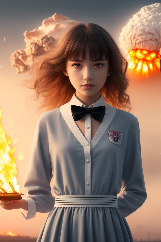 masterpiece, best quality, illustration, {beautiful detailed girl}, beautiful detailed glow, (flames of war: 1.2), (nuclear explosion behind: 1.3), rain, detailed lighting, detailed water, (beautiful detailed eyes: 1.1), featureless , palace, azure hair, messy hair, long bangs, hair between the eyes, (white and gray dress: 1.1), black ribbon, white bow ties, belly, big forehead, blank look, flower, long sleeves