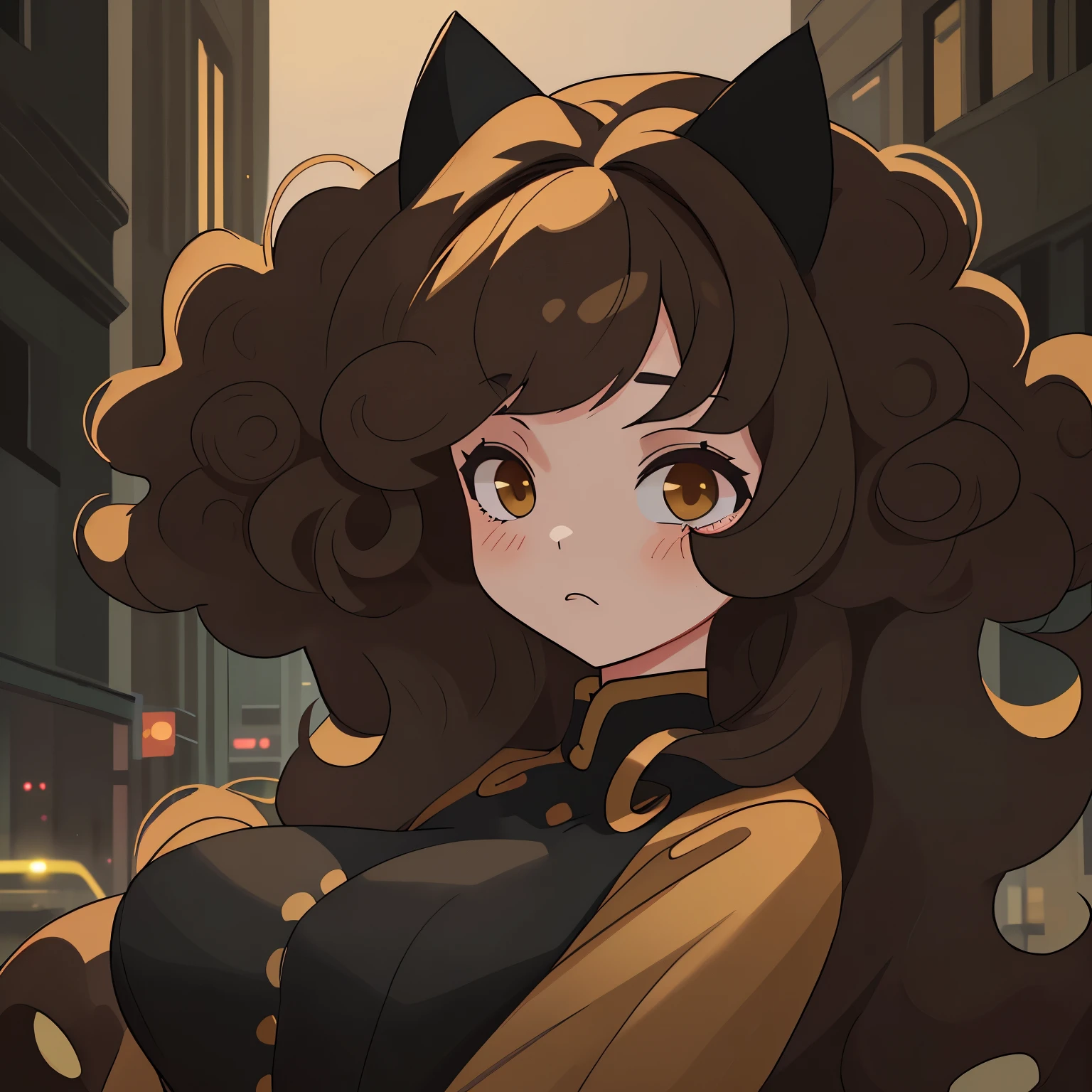  curly-haired brunette in long black and gold clothes with cat ears in a dark and suspenseful setting in the city