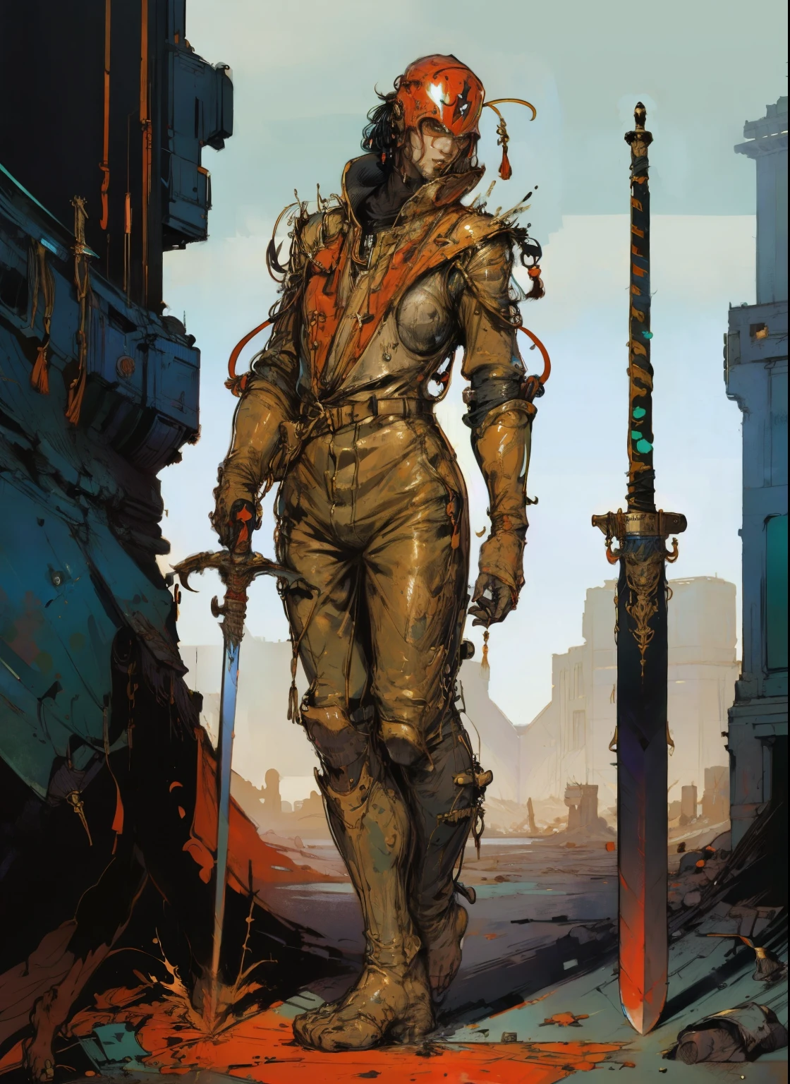 perfect proportions, anatomically correct, (head to toe: 2.0), (full body image: 2.0), solo, (Casshern: 1.6), extremely stylized, deviant art, masterpiece, highly detailed, detailed eyes, expressive detailed eyes, detailed pupils, futuristic, ((1950s scifi helmet)), ((pointy helmet)), Rubber Gloss, (flightsuit:1.4), big boots, entire body image, full body shot, nvinkpunk, professional photograph of alexander_skarsgard, tassles, large beads, (large tassels), cyberpunk, inkpunk, paint platter, ink splatter, (action pose:1.0), ((holding a sword))