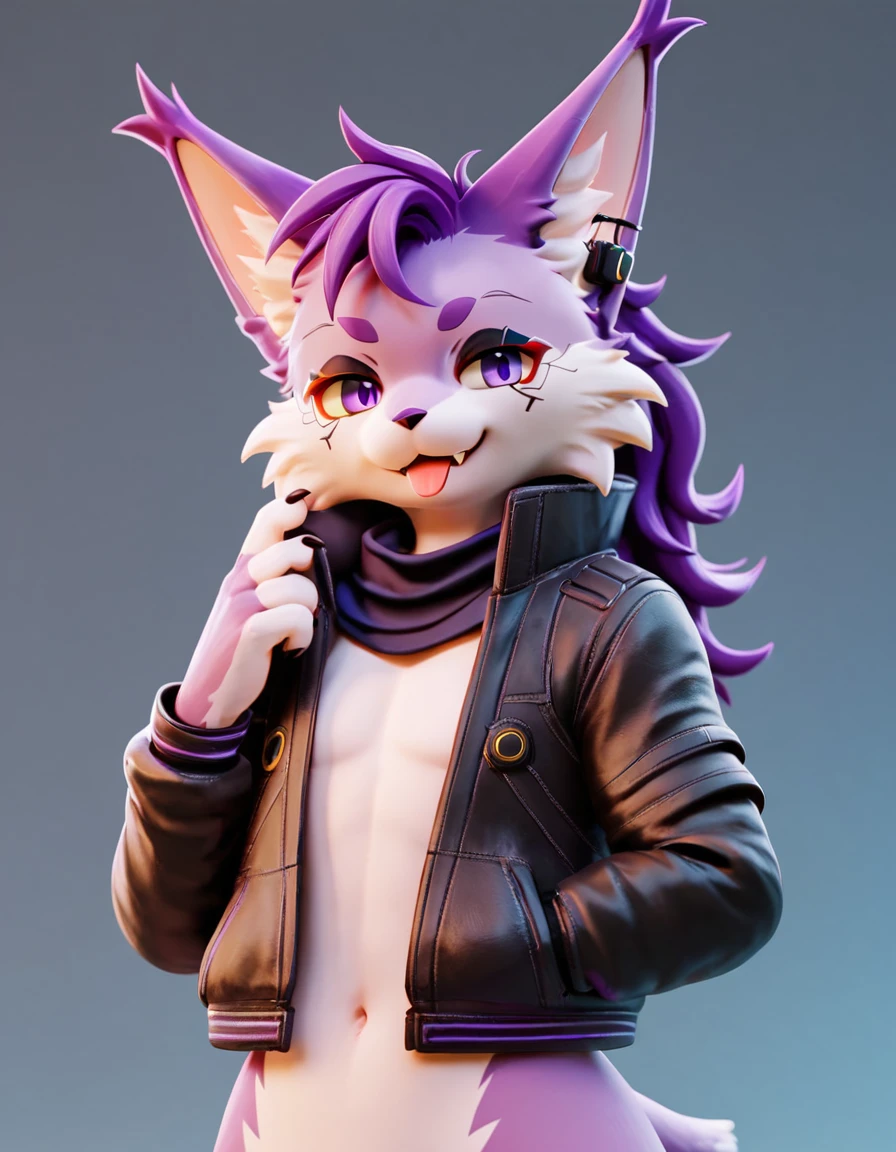 score_9,score_8_up,score_7_up,score_6_up,score_5_up,score_4_up, Lynx, purple fur, purple eyes, anthro, ((long hair)), wavy hair, purple hair, eyeliner, eyelashes, black eyeshadow, furry art, cheeks tuft, shoulder tuft, male focus, femboy, finguerless gloves, cute fangs, kemono, shota, fluffy neck, icon portrait, claws, black nails, scarf, arm warmers, :p, frown, cyberpunk jacket, evil smile, tongue out, neon, cyberpunk glases, cyberpunk earphones, navel,  covered nipples, 3d, blender software, head tuft,